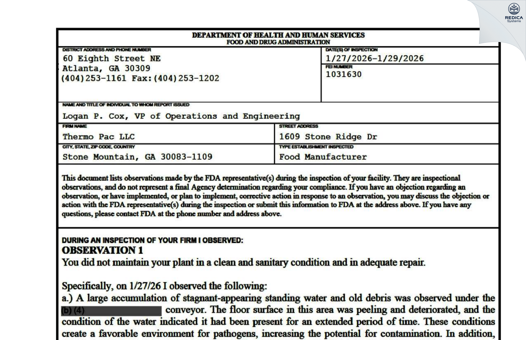 FDA 483 - Thermo Pac LLC [Stone Mountain / United States of America] - Download PDF - Redica Systems