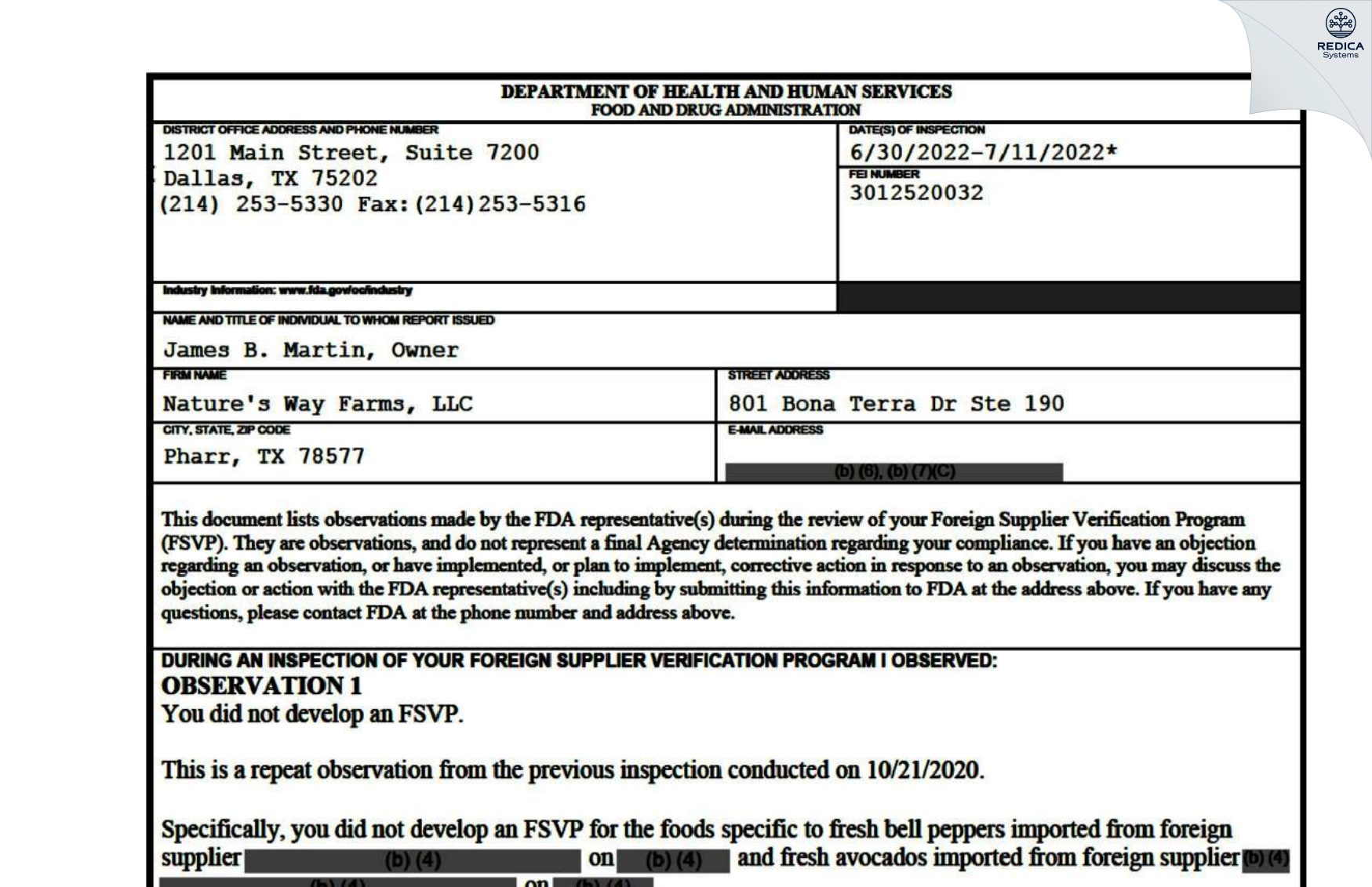 FDA 483 - Nature's Way Farms, LLC [Pharr / United States of America] - Download PDF - Redica Systems