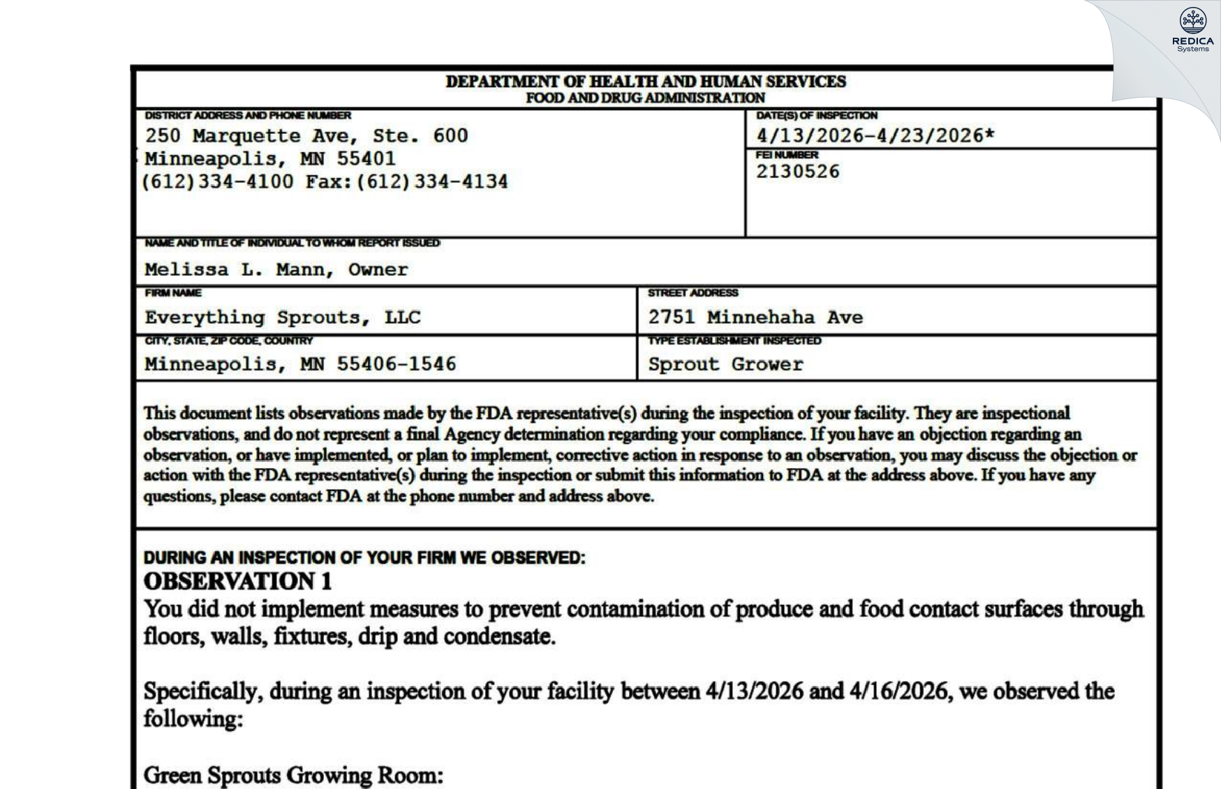 FDA 483 - Calco Sprouts [Minneapolis / United States of America] - Download PDF - Redica Systems