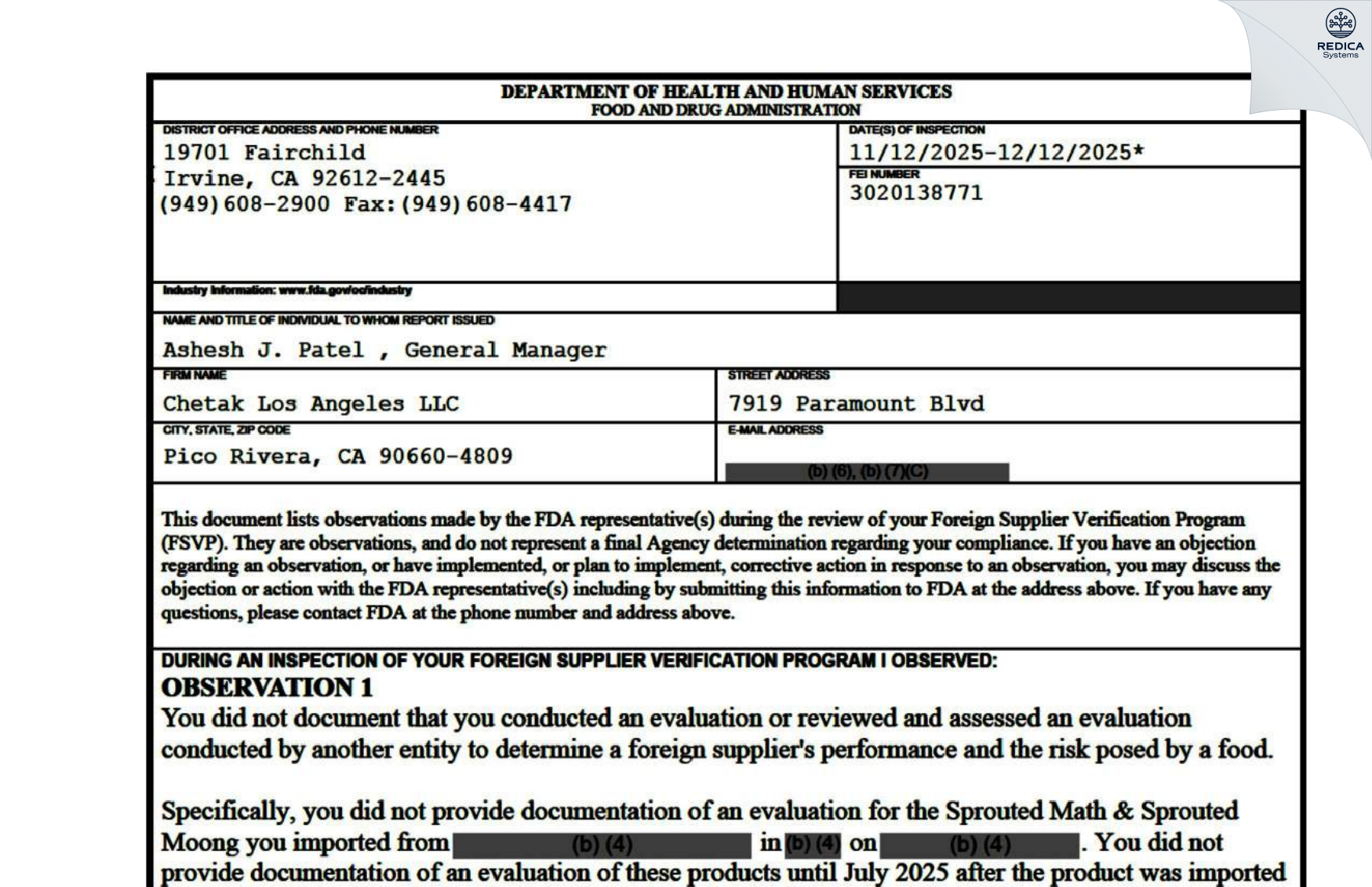 FDA 483 - Chetak Los Angeles LLC [Pico Rivera / United States of America] - Download PDF - Redica Systems