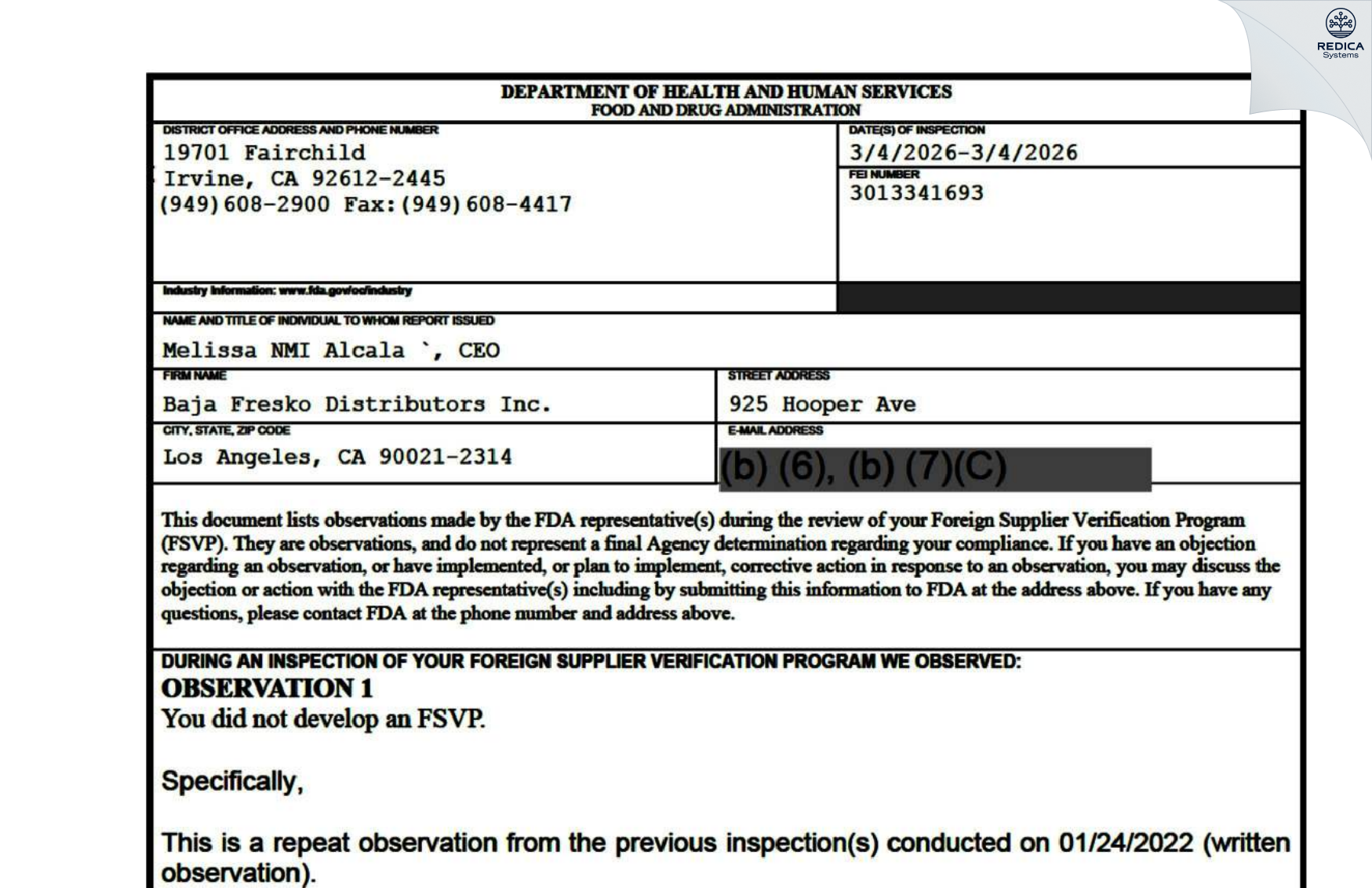 FDA 483 - BAJA FRESKO PRODUCE [Los Angeles / United States of America] - Download PDF - Redica Systems