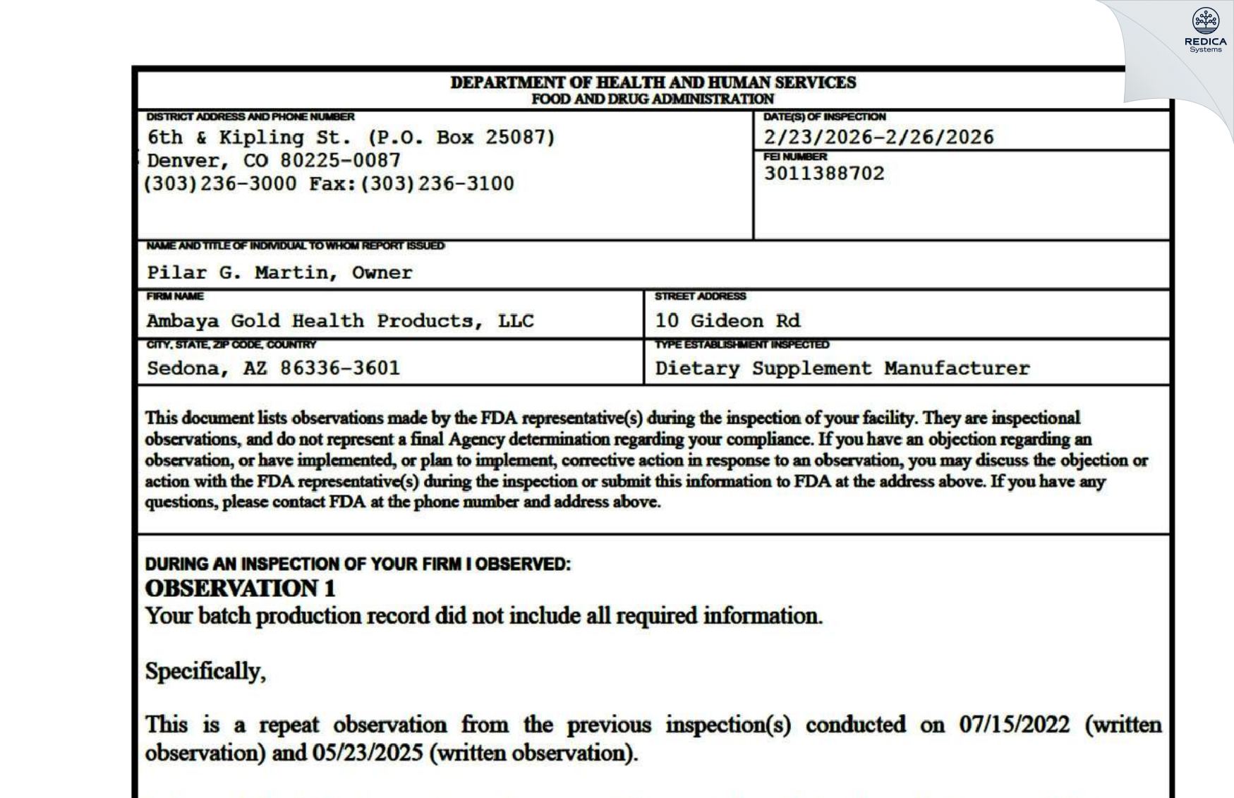 FDA 483 - Ambaya Gold Health Products [Sedona / United States of America] - Download PDF - Redica Systems