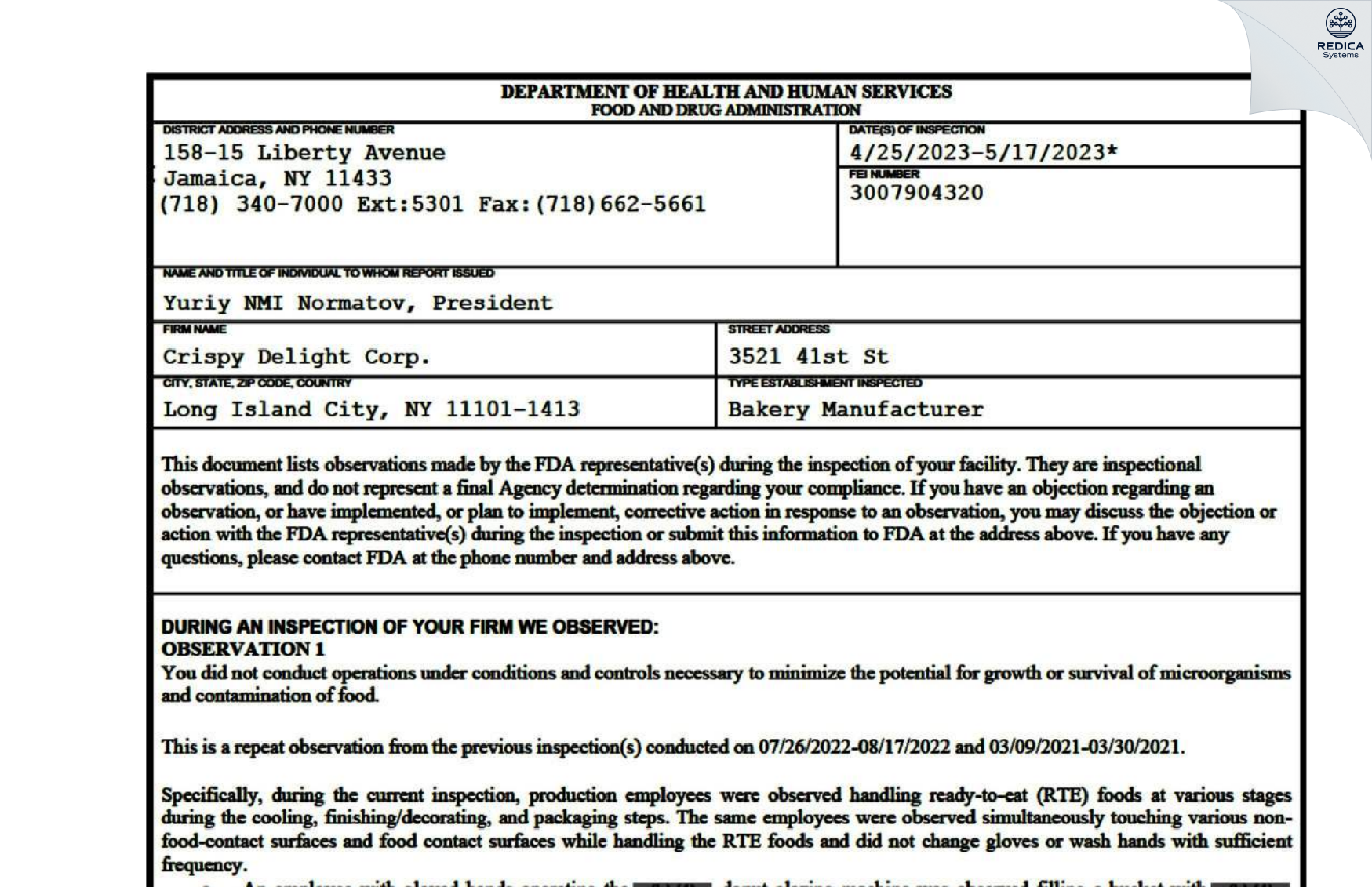 FDA 483 - Crispy Delight Corp. [Long Island City / United States of America] - Download PDF - Redica Systems