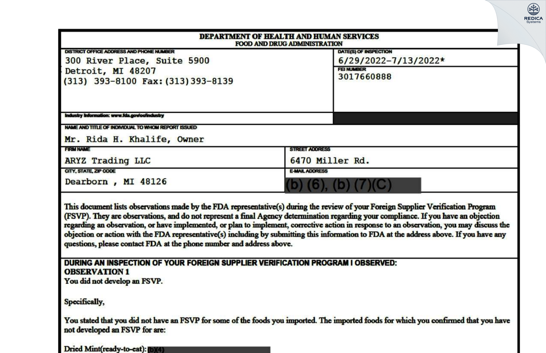 FDA 483 - ARYZ Trading LLC [Dearborn / United States of America] - Download PDF - Redica Systems