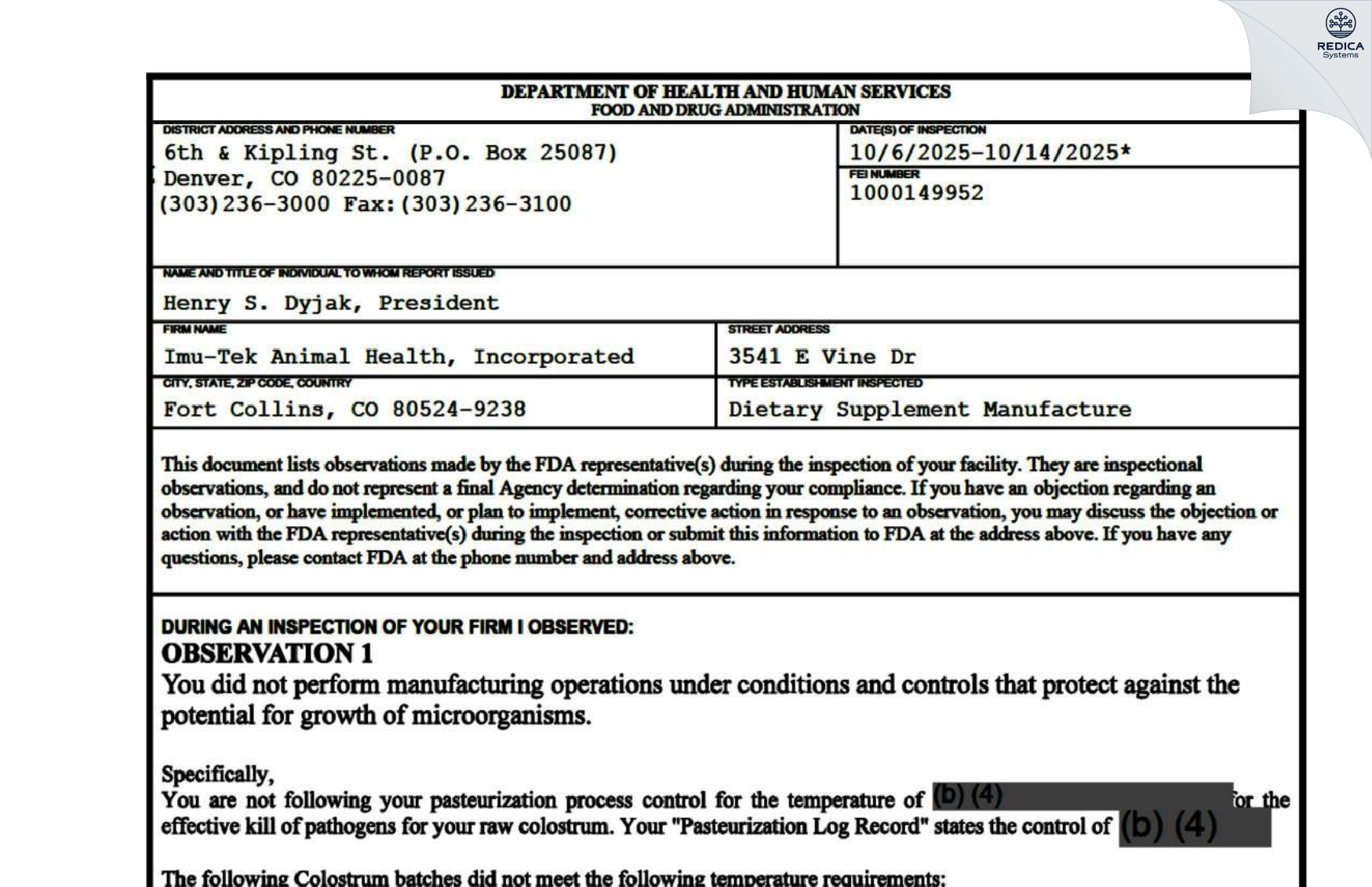 FDA 483 - Imu-Tek Animal Health, Incorporated [Fort Collins / United States of America] - Download PDF - Redica Systems