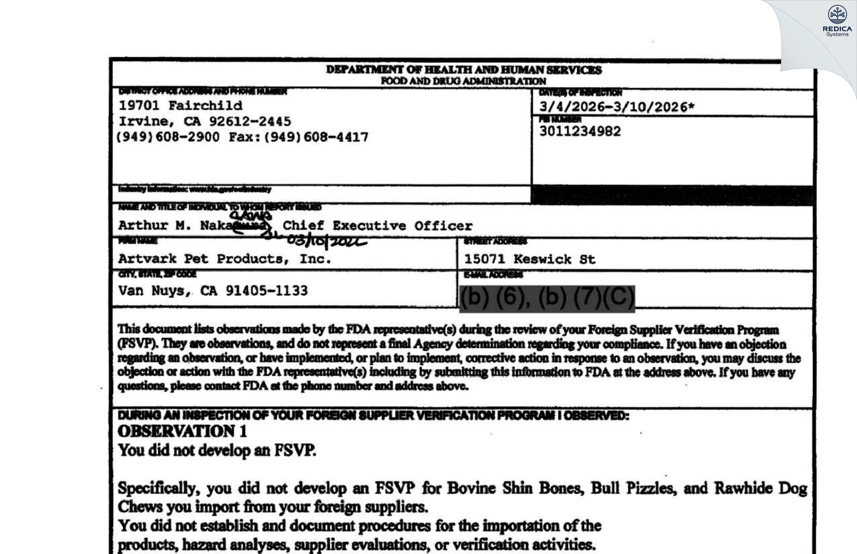 FDA 483 - Artvark Pet Products, Inc. [Van Nuys / United States of America] - Download PDF - Redica Systems