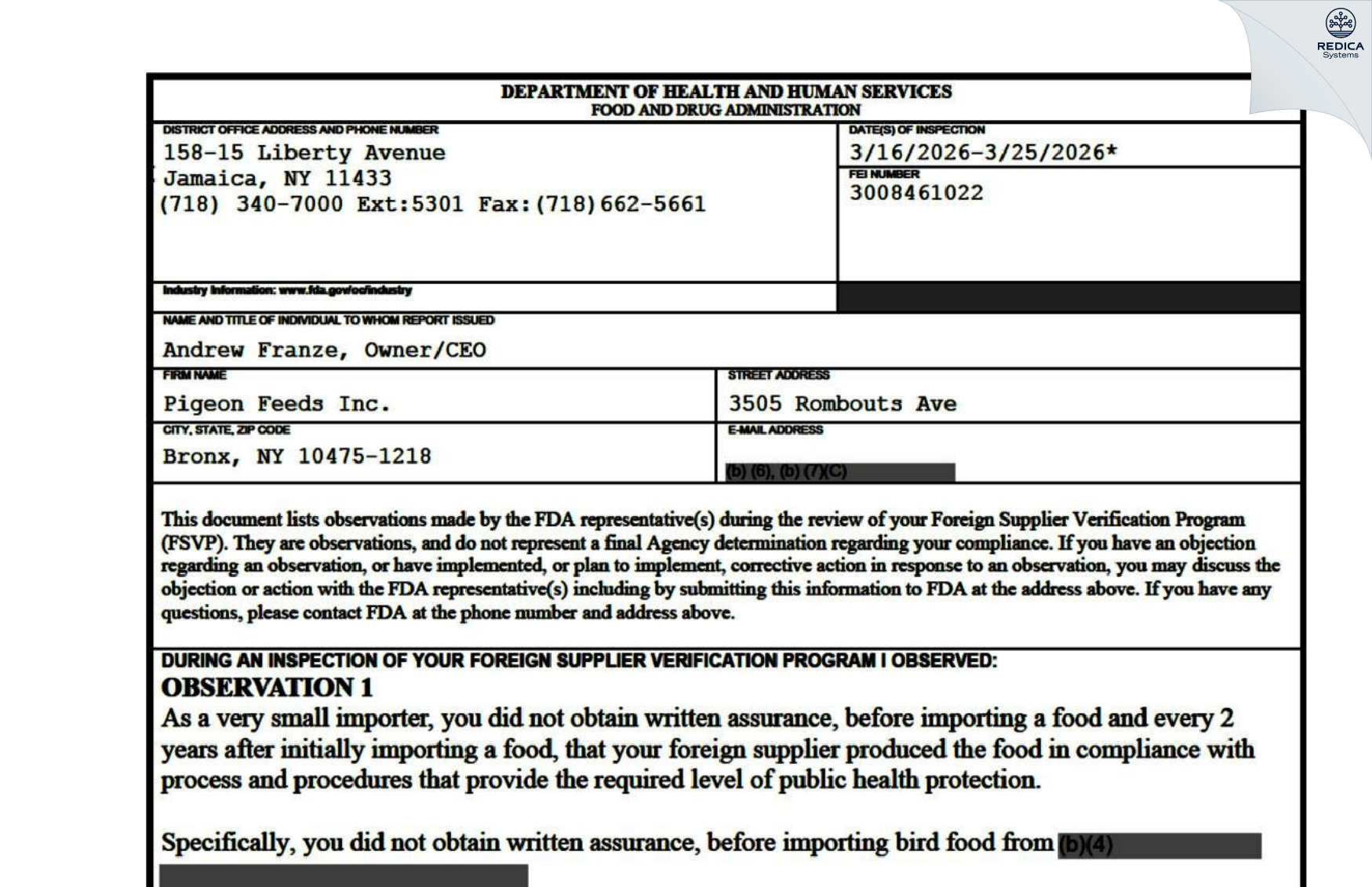 FDA 483 - Pigeon Feeds Inc. [Bronx / United States of America] - Download PDF - Redica Systems