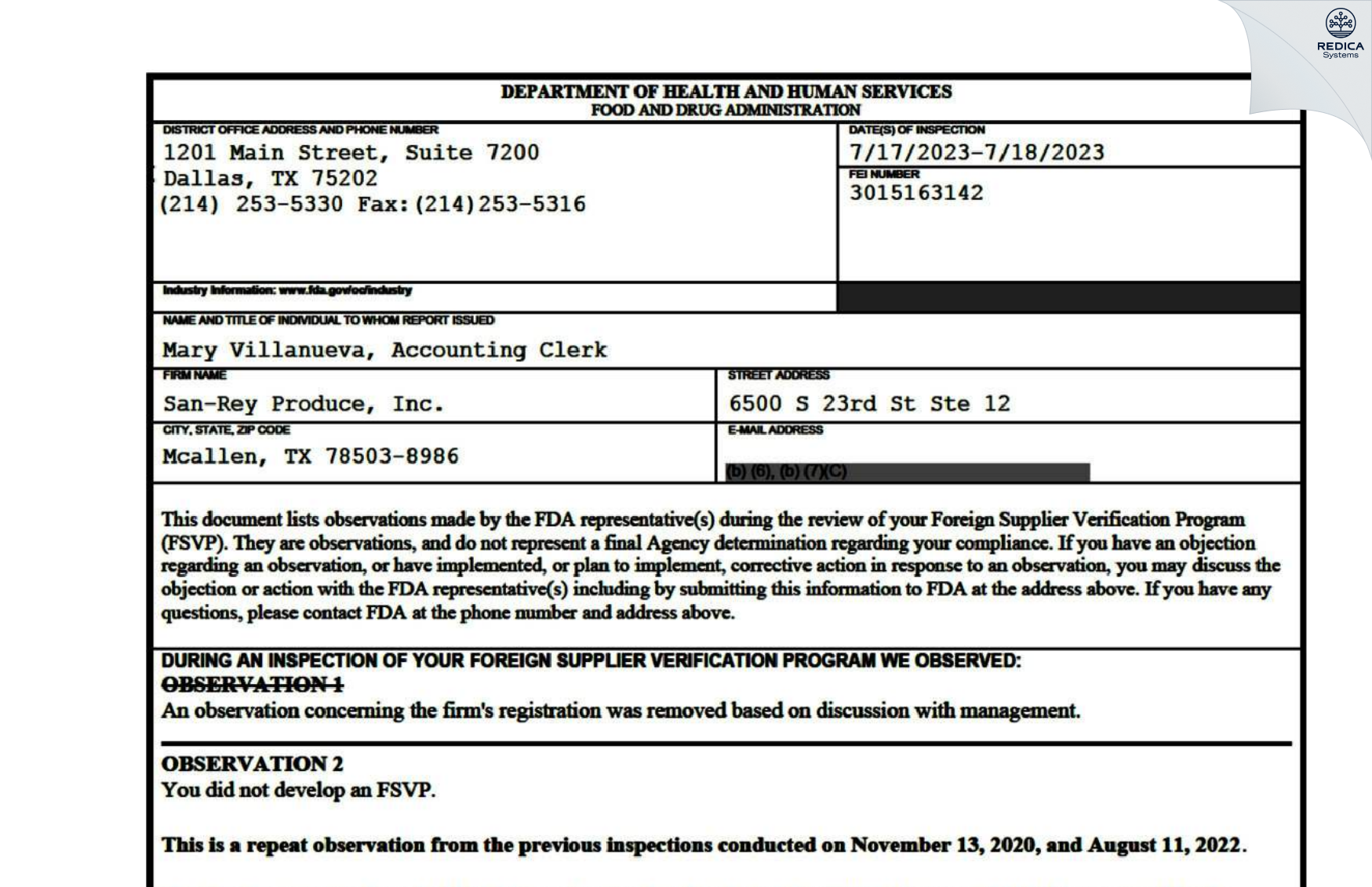 FDA 483 - SAN-REY PRODUCE INC [Pharr / United States of America] - Download PDF - Redica Systems