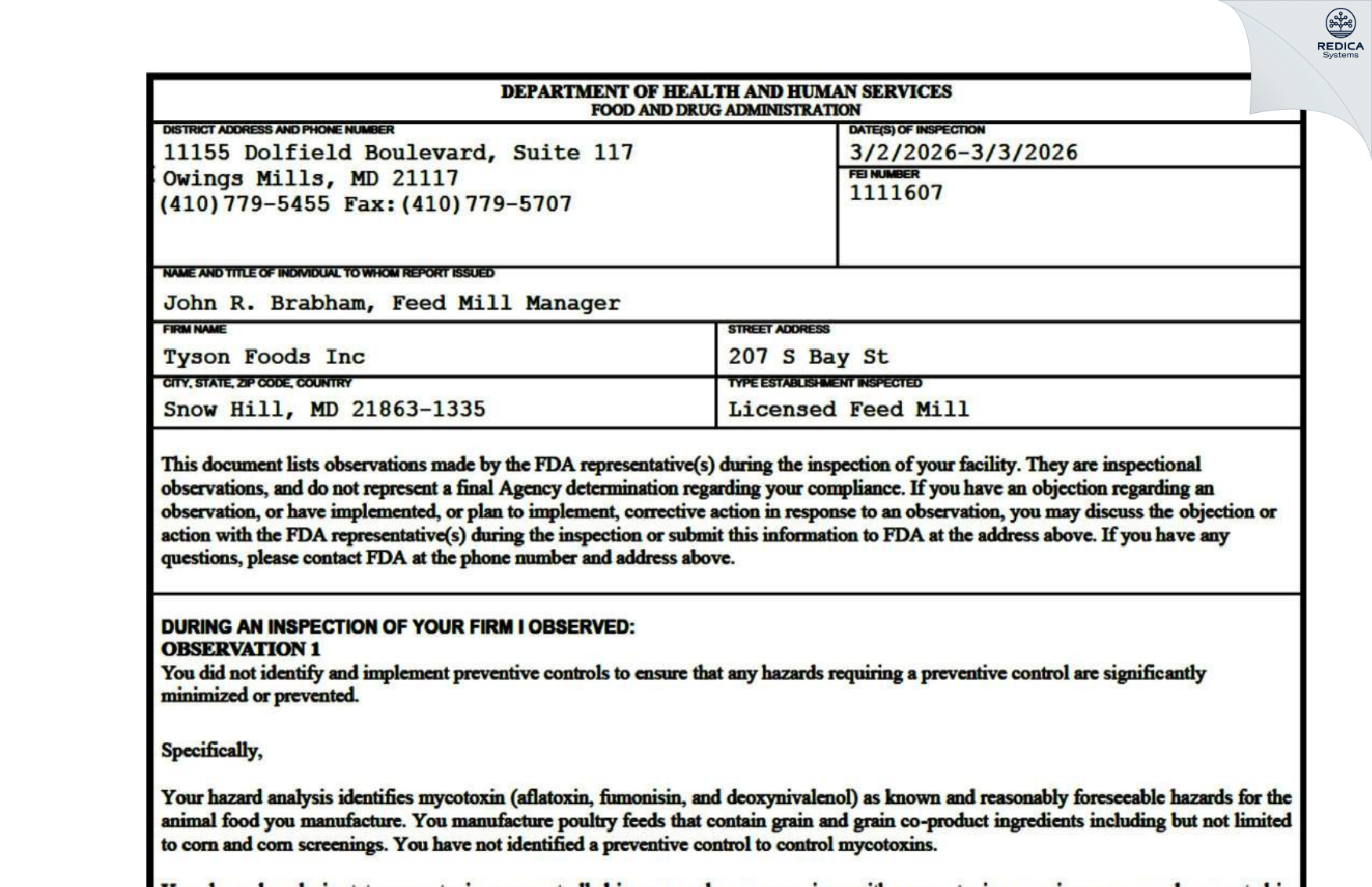 FDA 483 - Tyson Foods, Inc [Snow Hill / United States of America] - Download PDF - Redica Systems