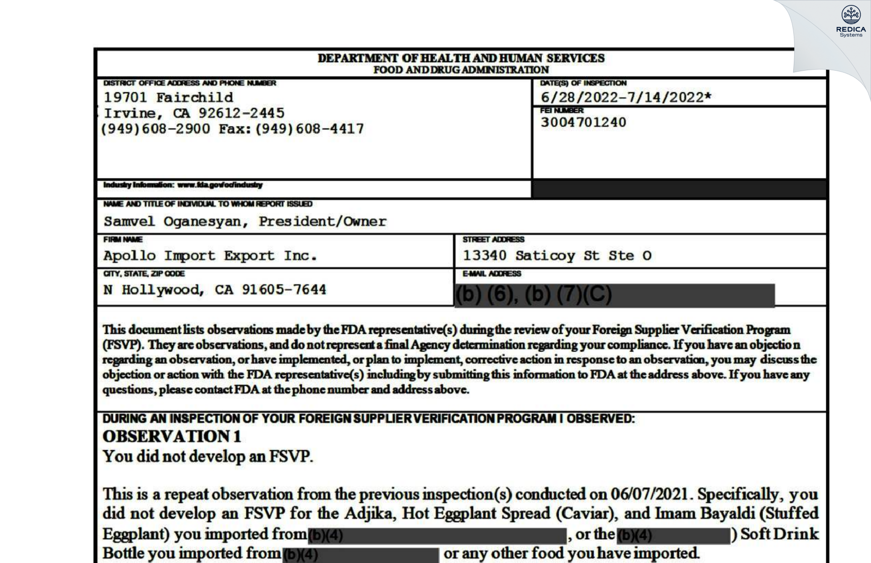 FDA 483 - Apollo Import Export Inc. [North Hollywood / United States of America] - Download PDF - Redica Systems