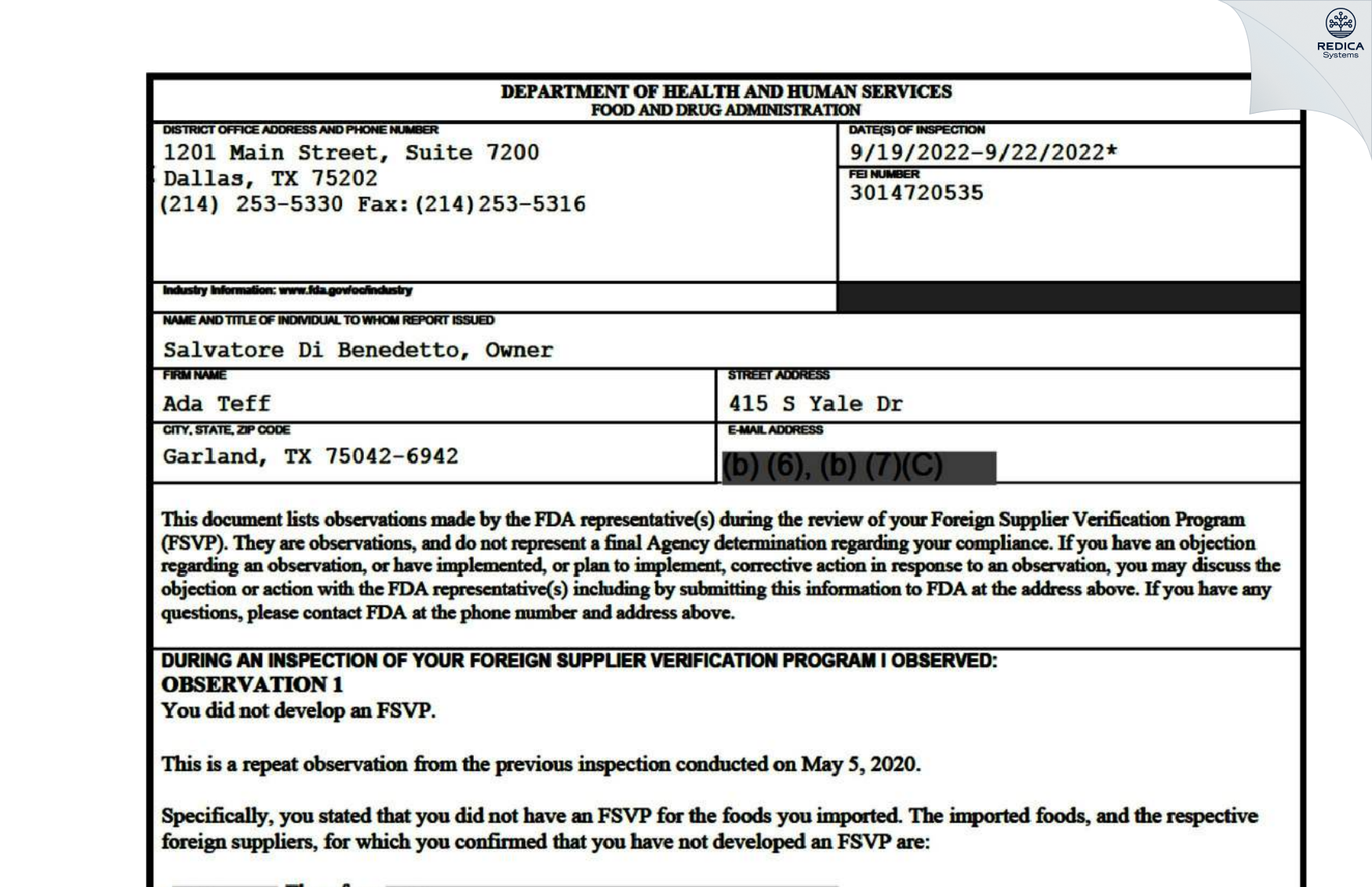 FDA 483 - Ada Teff [Garland / United States of America] - Download PDF - Redica Systems