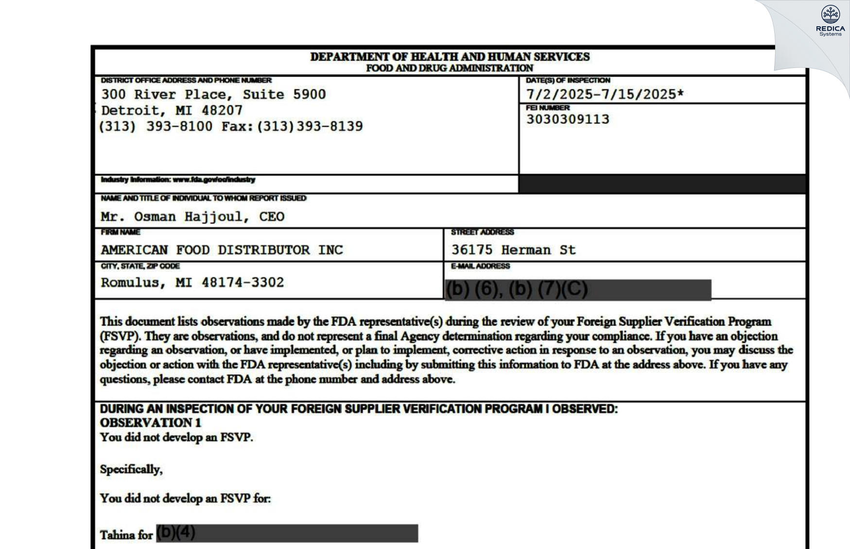 FDA 483 - AMERICAN FOOD DISTRIBUTOR INC [Romulus / United States of America] - Download PDF - Redica Systems