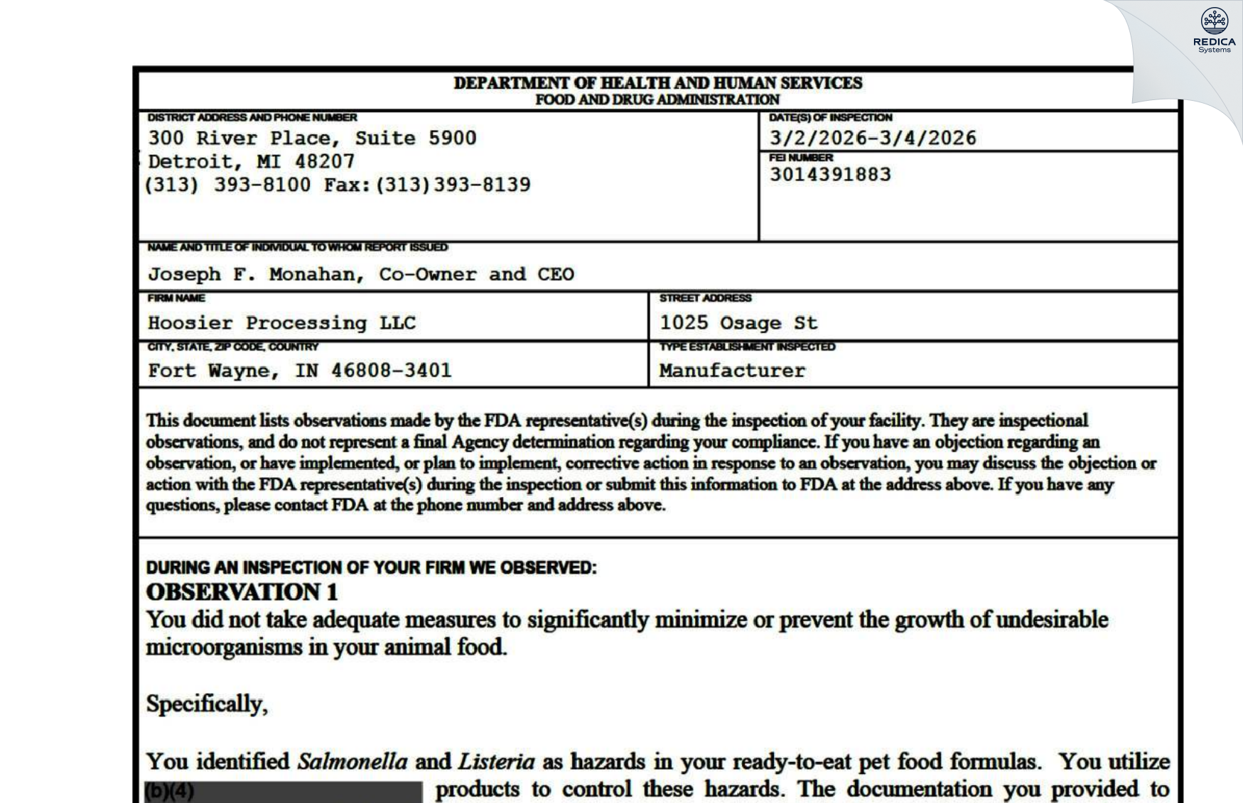 FDA 483 - Hoosier Processing LLC [Fort Wayne / United States of America] - Download PDF - Redica Systems