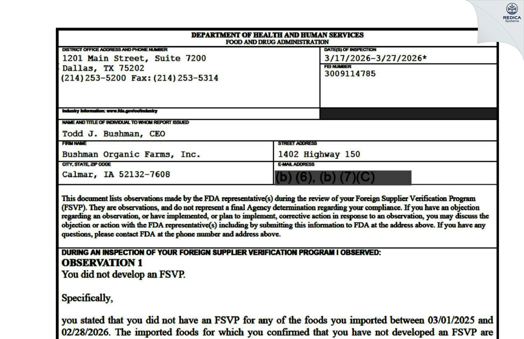 FDA 483 - Bushman Organic Farms, Inc. [Fort Atkinson / United States of America] - Download PDF - Redica Systems