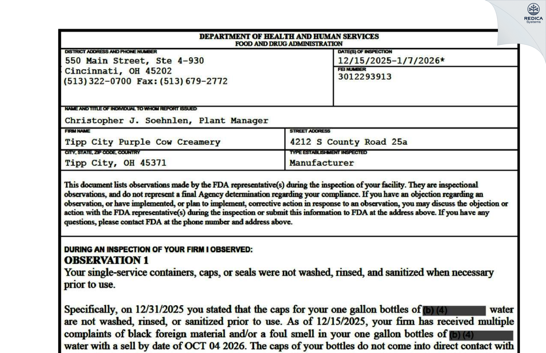 FDA 483 - Tipp City Purple Cow Creamery [Tipp City / United States of America] - Download PDF - Redica Systems