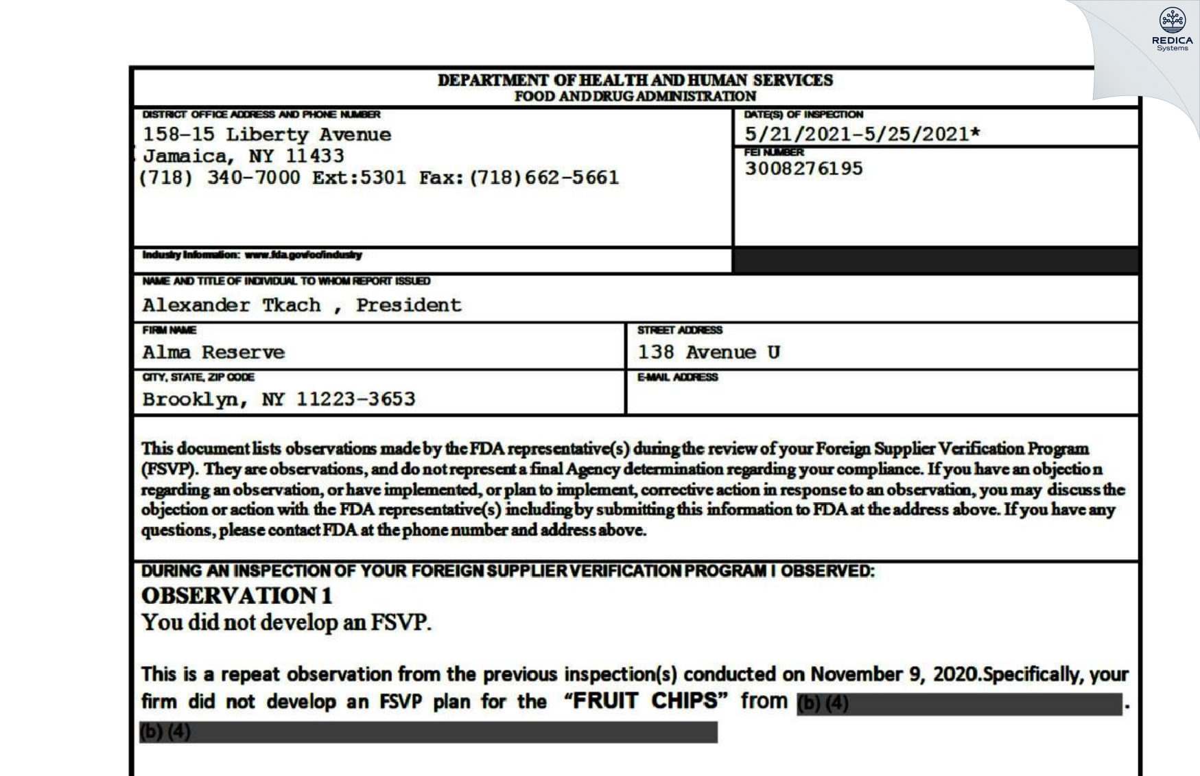 FDA 483 - Alma Reserve [Brooklyn / United States of America] - Download PDF - Redica Systems