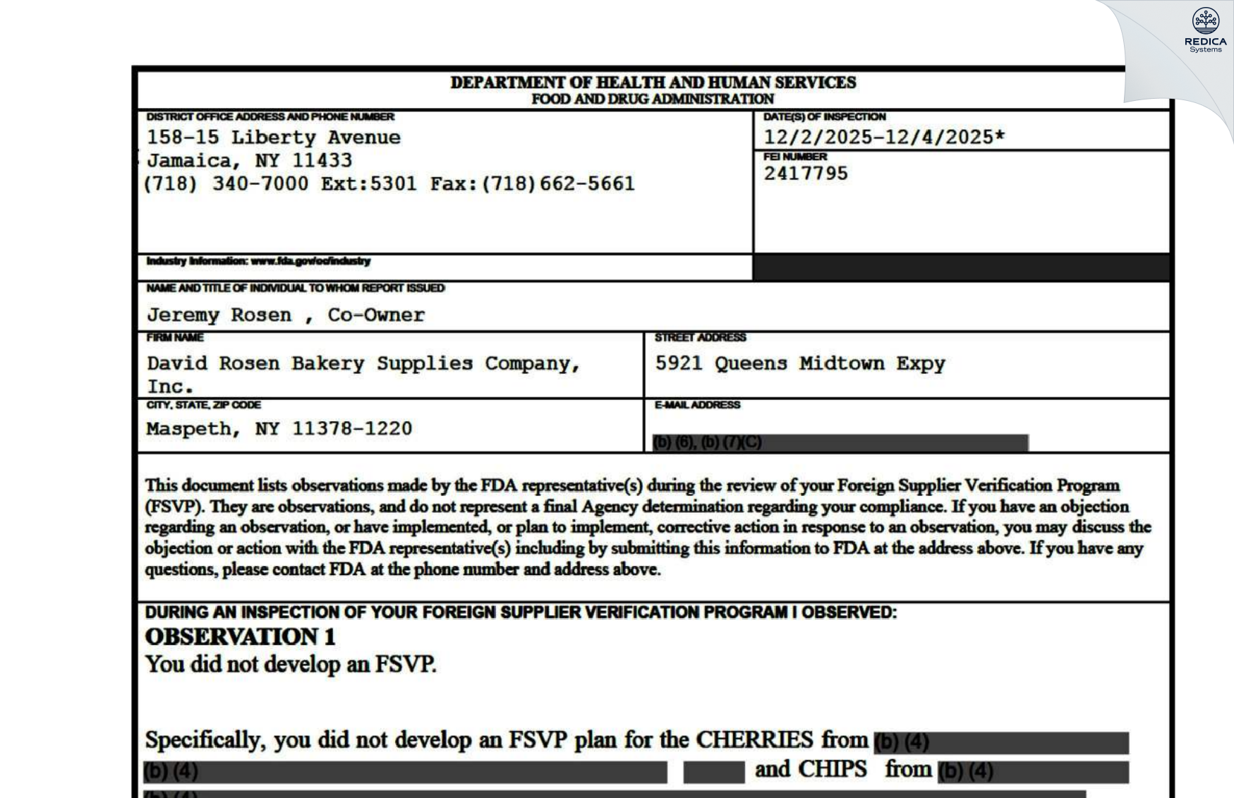 FDA 483 - David Rosen Bakery Supplies Company, Inc. [Maspeth / United States of America] - Download PDF - Redica Systems