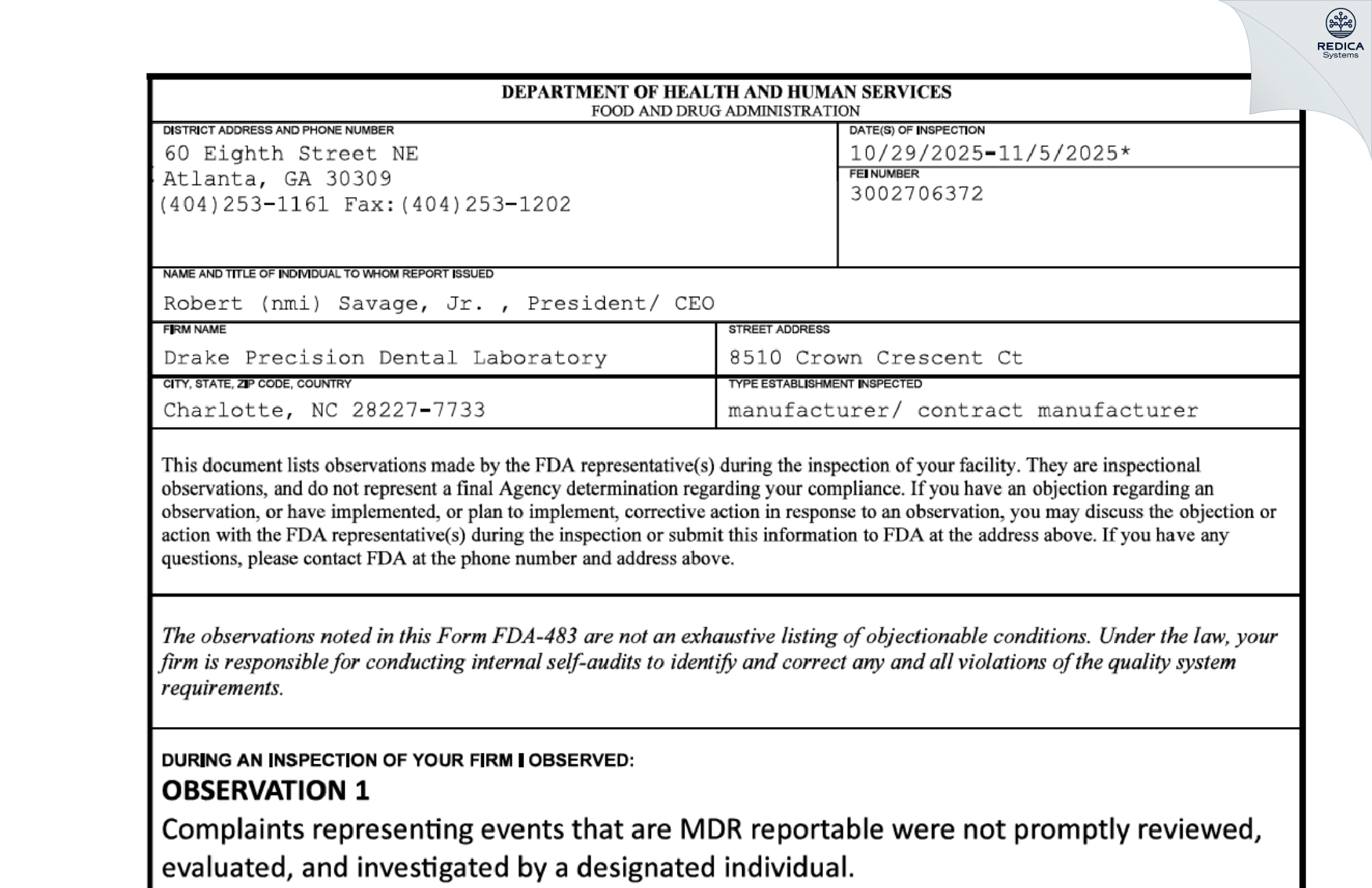 FDA 483 - Drake Precision Dental Laboratory [Charlotte / United States of America] - Download PDF - Redica Systems