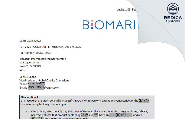FDA 483 Response - BioMarin Pharmaceutical Inc. [Novato / United States of America] - Download PDF - Redica Systems