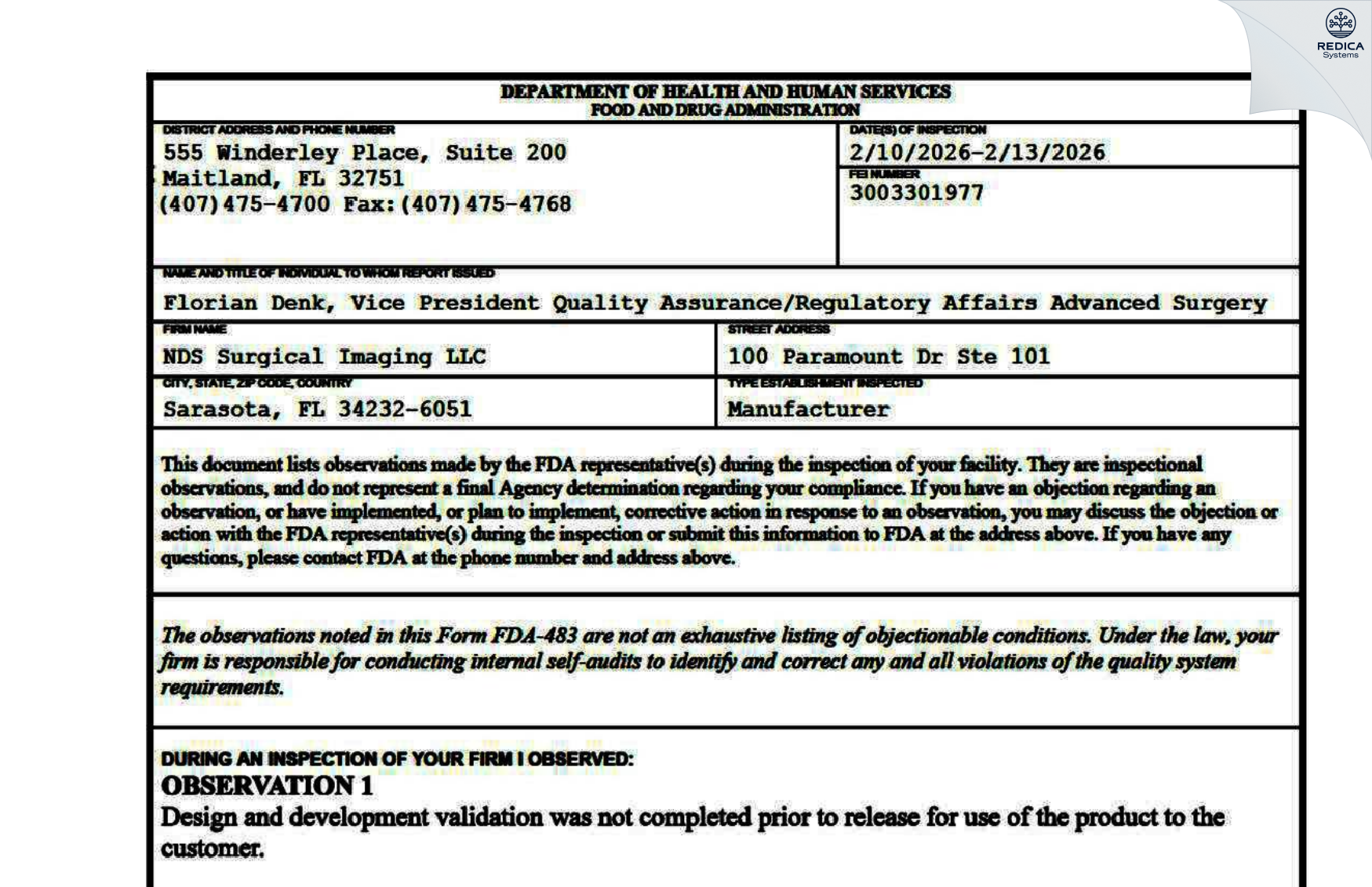 FDA 483 - NDS Surgical Imaging LLC [San Jose / United States of America] - Download PDF - Redica Systems