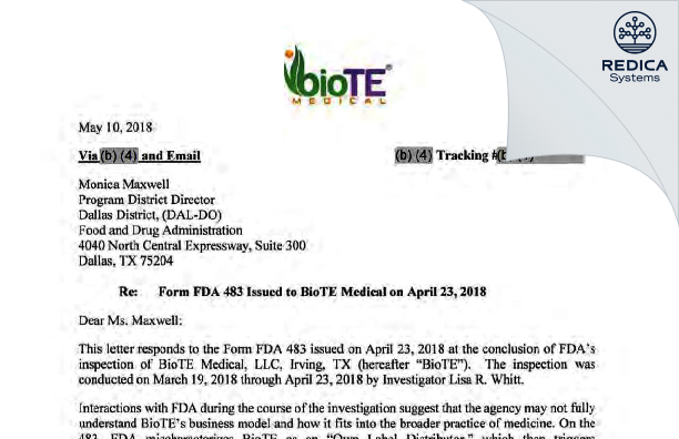 FDA 483 Response - BioTE Medical [Irving / United States of America] - Download PDF - Redica Systems
