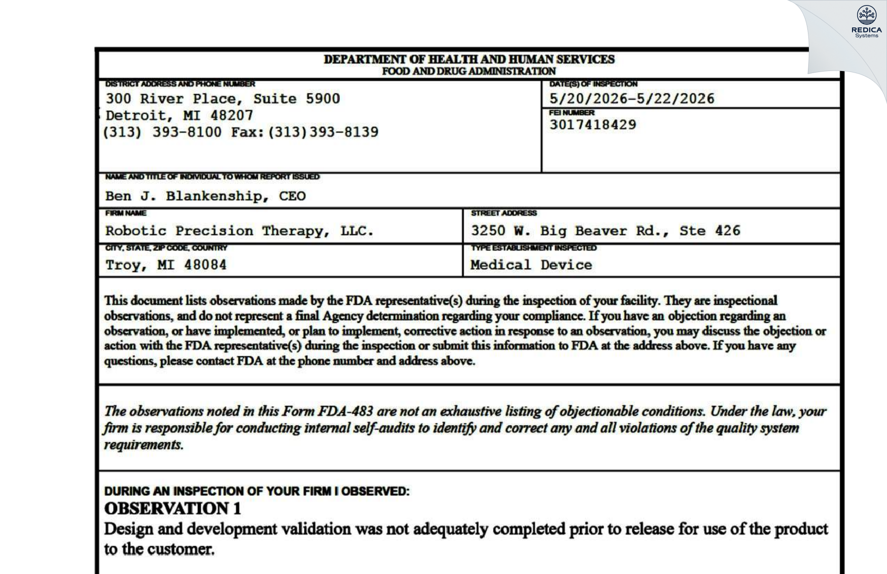 FDA 483 - ROBOTIC PRECISION THERAPY, LLC [Troy / United States of America] - Download PDF - Redica Systems