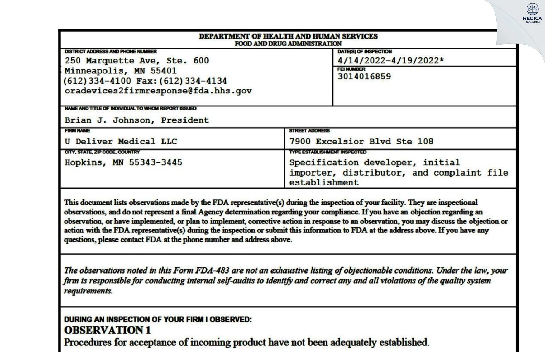 FDA 483 - U Deliver Medical LLC [Hopkins / United States of America] - Download PDF - Redica Systems