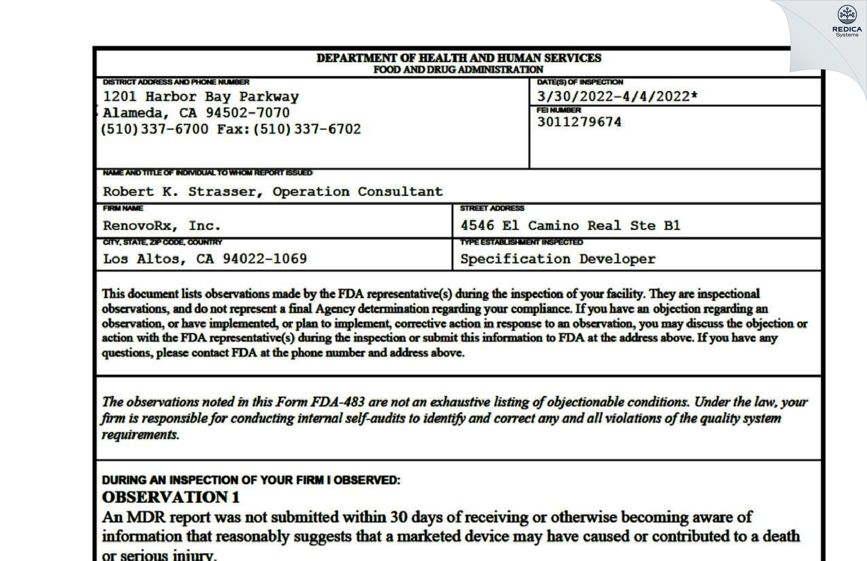 FDA 483 - RenovoRx, Inc. [Los Altos / United States of America] - Download PDF - Redica Systems