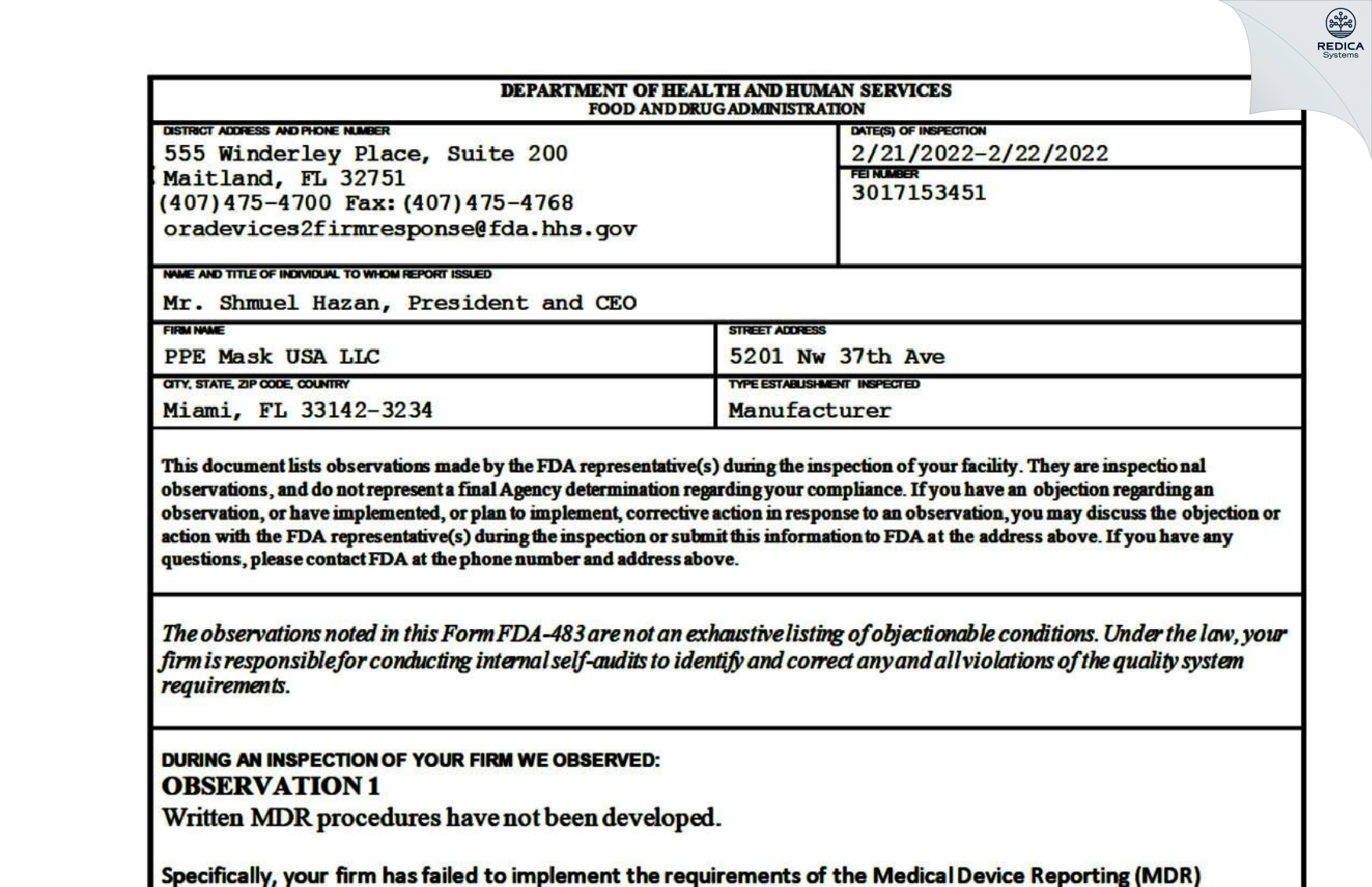 FDA 483 - PPE Mask USA LLC [Miami / United States of America] - Download PDF - Redica Systems
