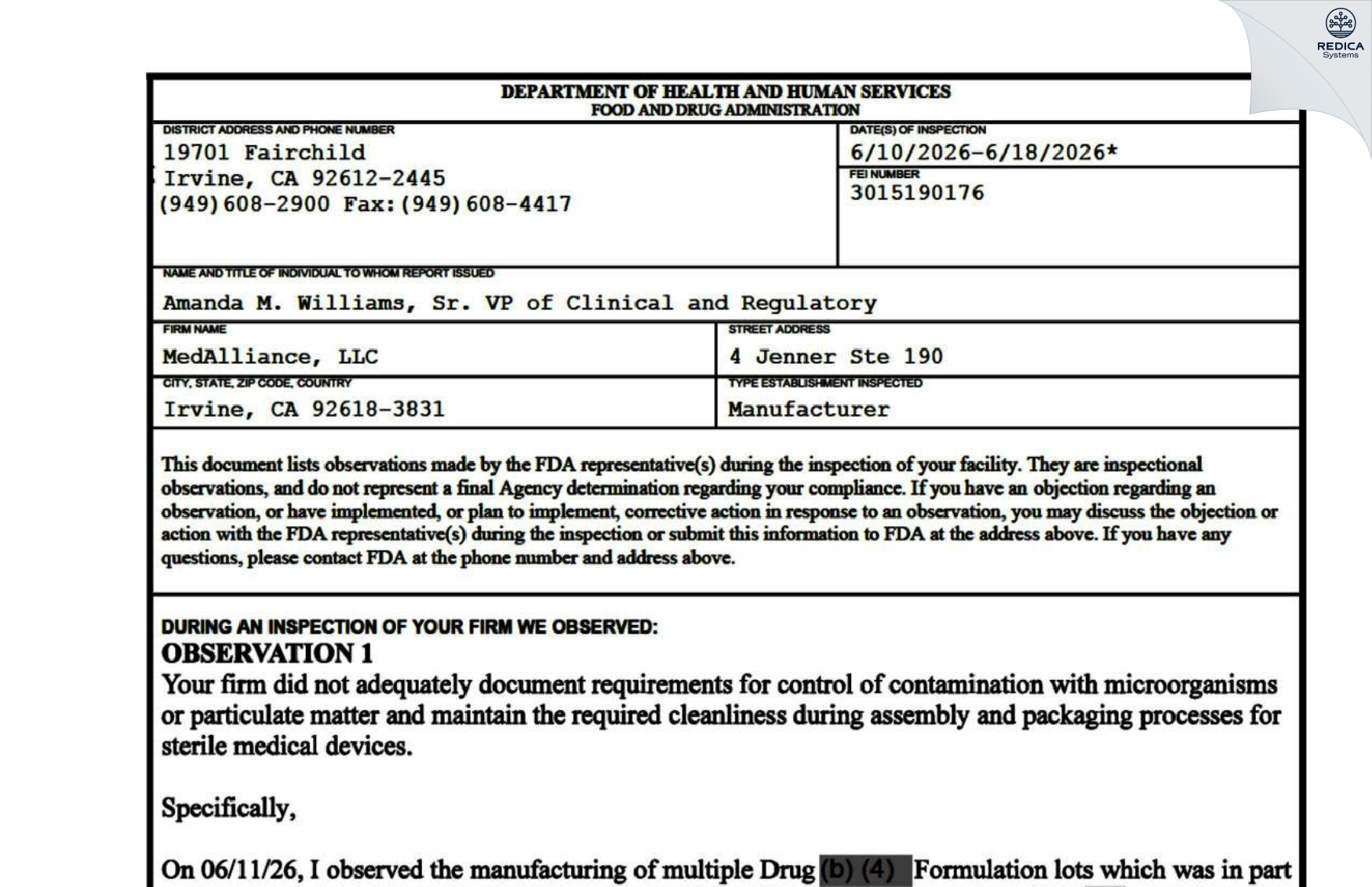 FDA 483 - MEDALLIANCE, LLC [Irvine / United States of America] - Download PDF - Redica Systems