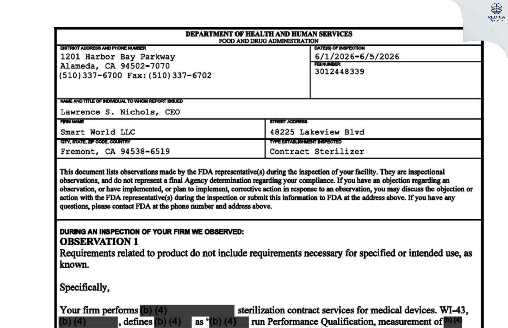FDA 483 - Smart World LLC [Fremont / United States of America] - Download PDF - Redica Systems