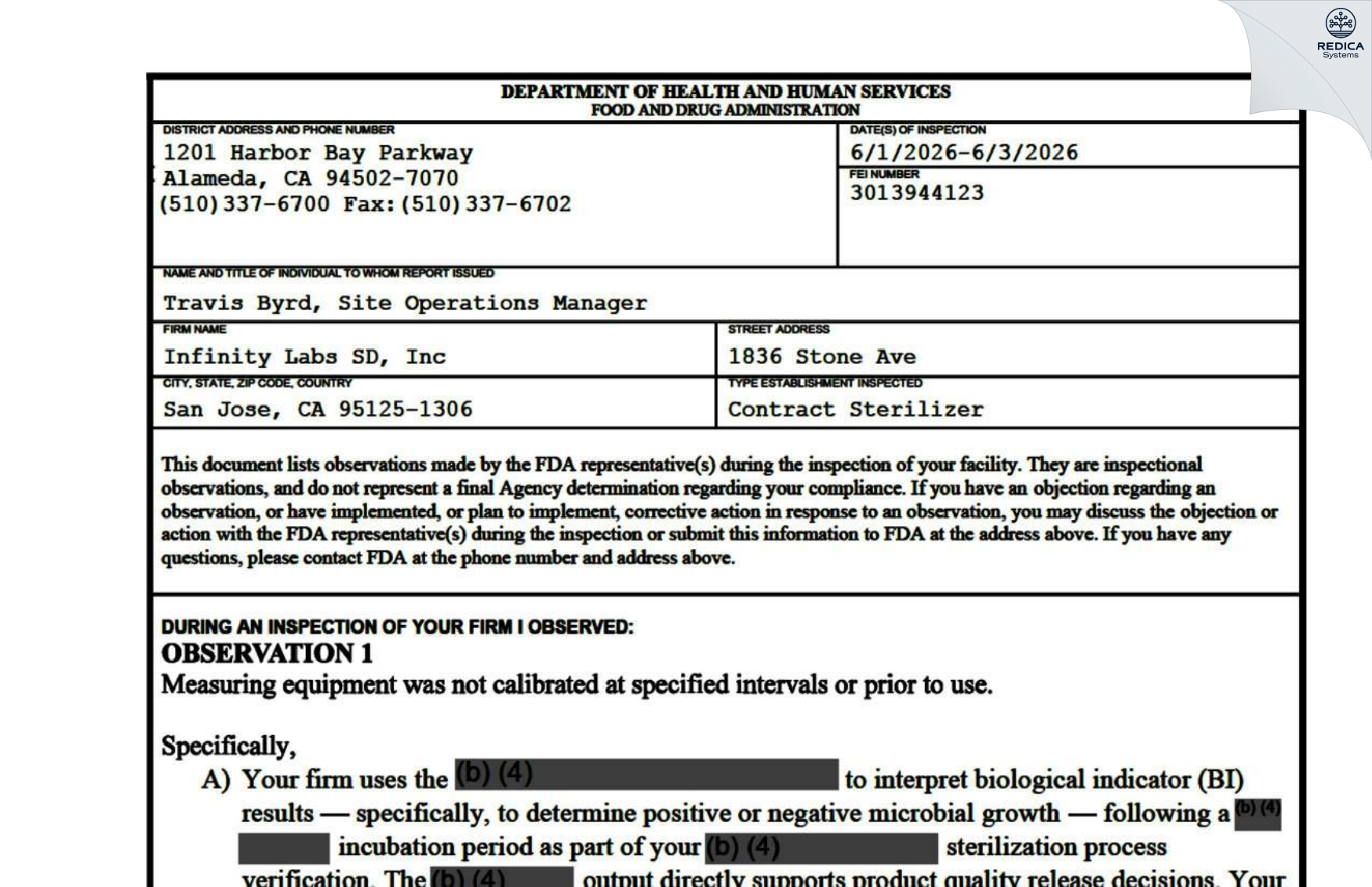 FDA 483 - Infinity Labs SD, Inc [San Jose / United States of America] - Download PDF - Redica Systems