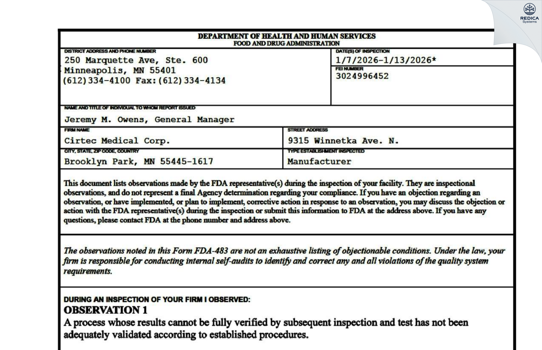 FDA 483 - Cirtec Medical Corp [Minneapolis / United States of America] - Download PDF - Redica Systems