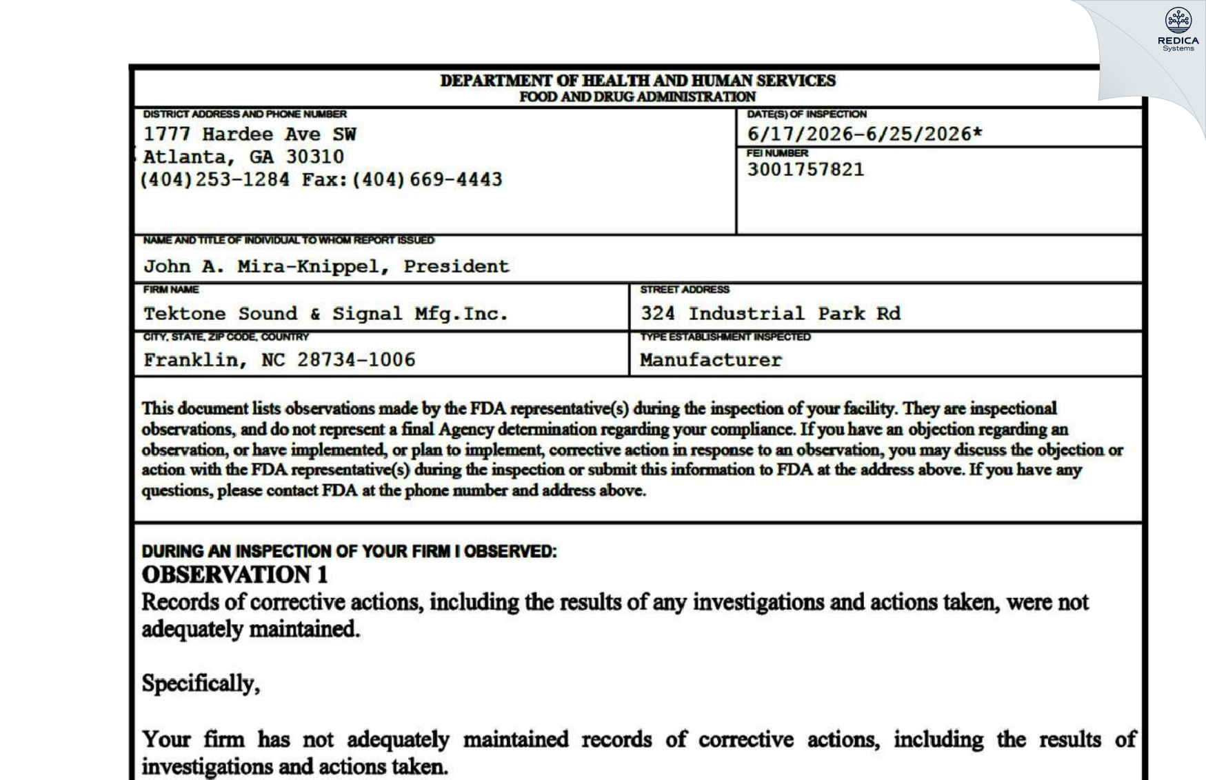 FDA 483 - Tektone Sound & Signal Mfg.Inc. [Franklin / United States of America] - Download PDF - Redica Systems