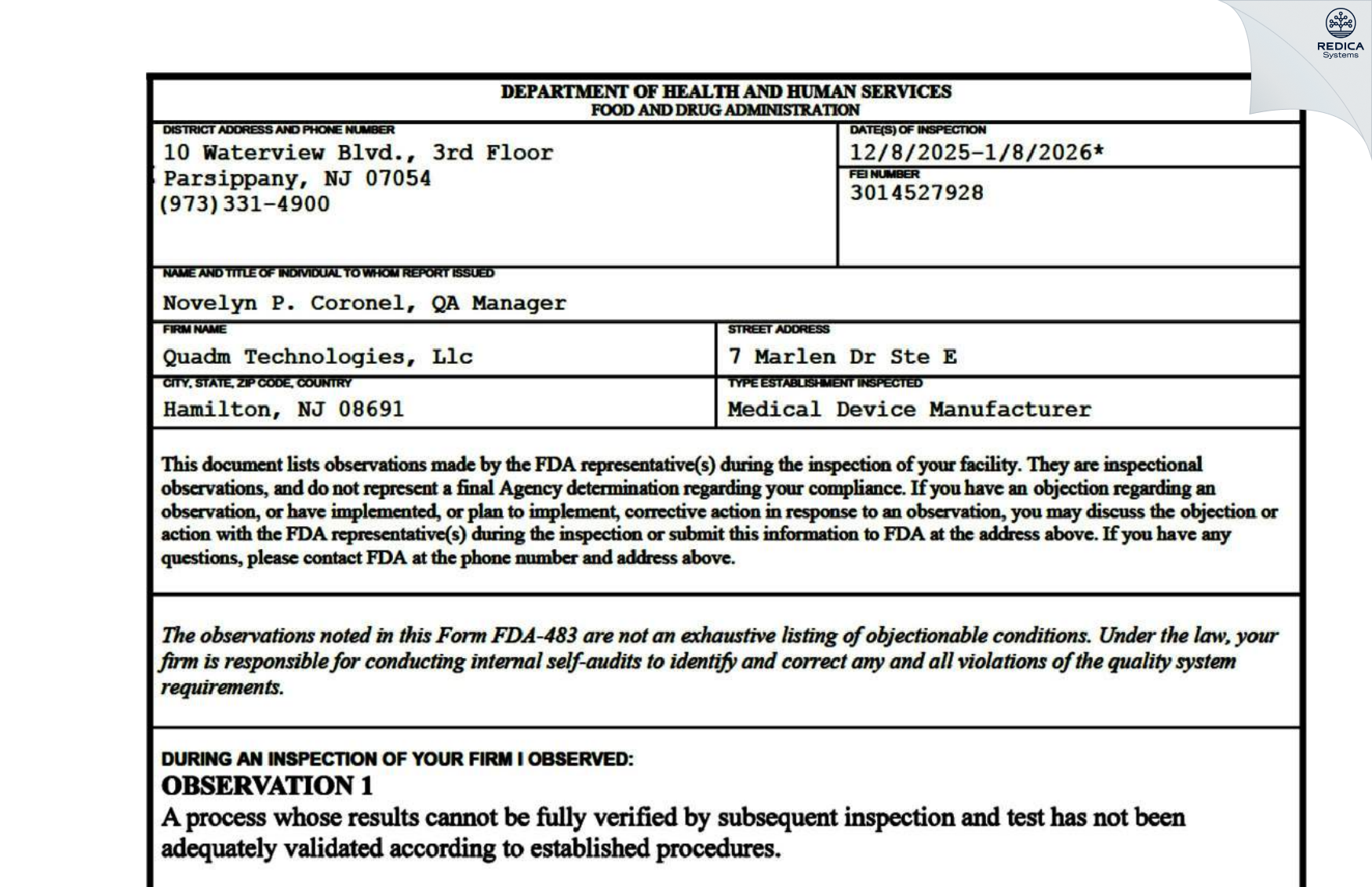 FDA 483 - Quadm Technologies, Llc [Robbinsville / United States of America] - Download PDF - Redica Systems