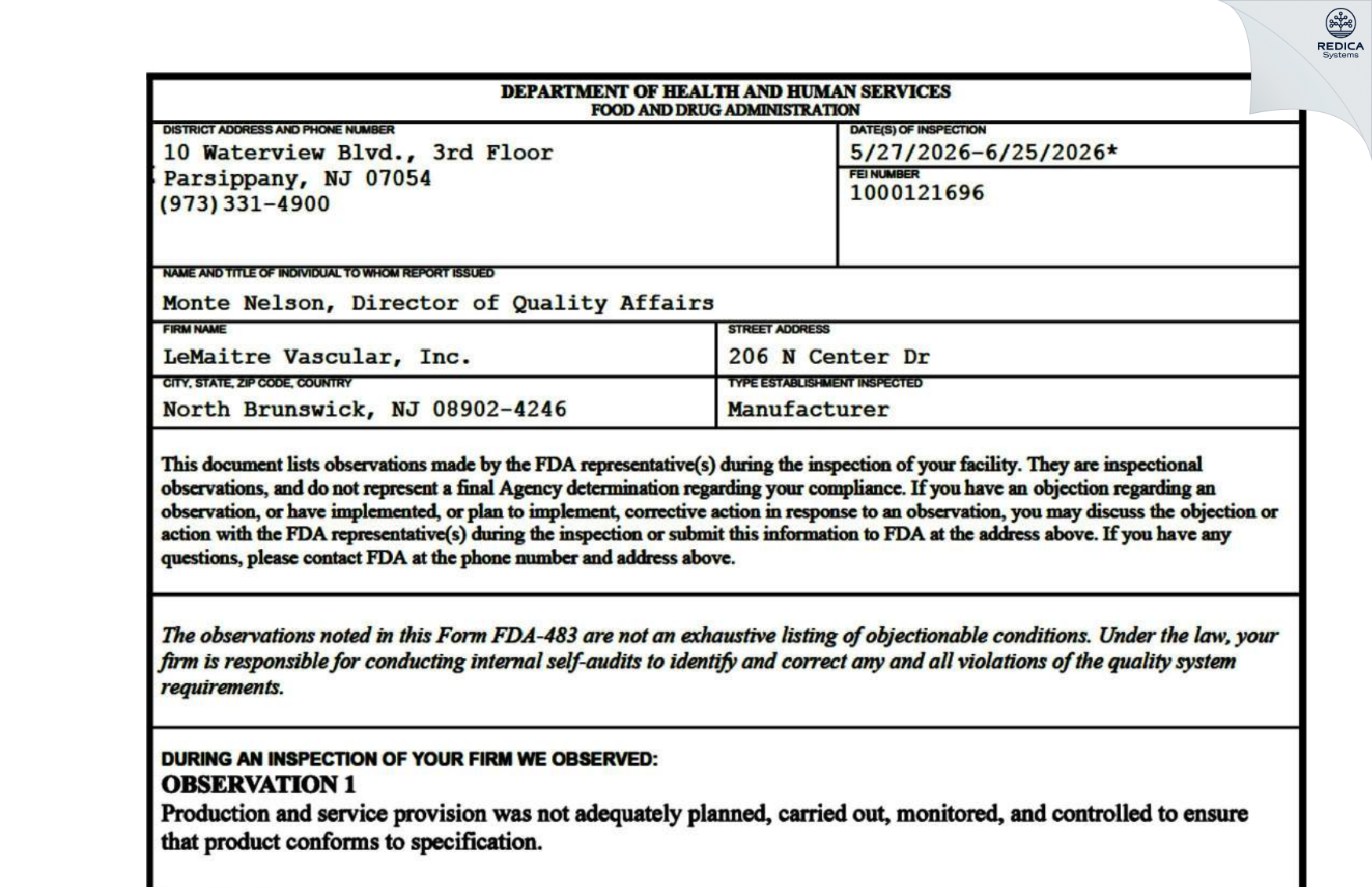 FDA 483 - Artegraft, Inc. [North Brunswick / United States of America] - Download PDF - Redica Systems