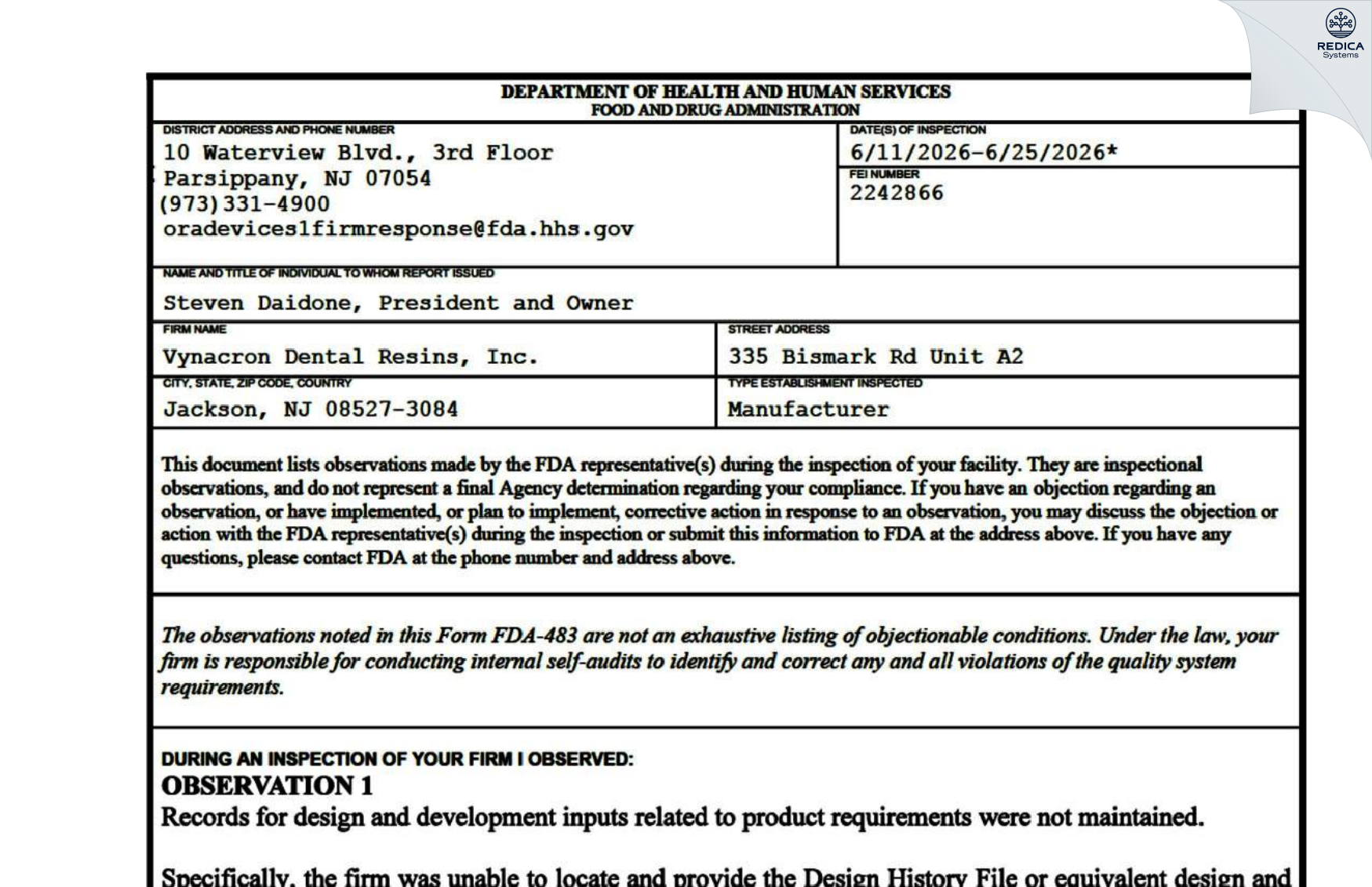 FDA 483 - Vynacron Dental Resins, Inc. [Jackson / United States of America] - Download PDF - Redica Systems