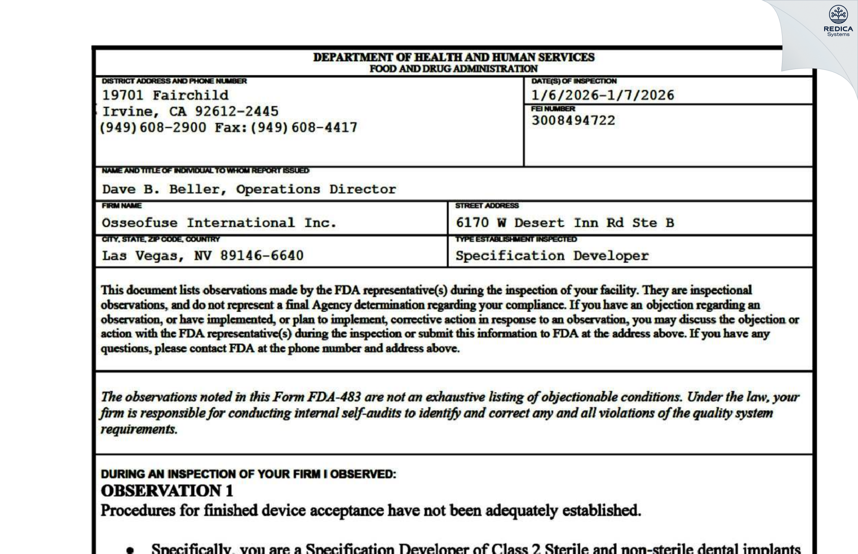 FDA 483 - Osseofuse International Inc. [Las Vegas / United States of America] - Download PDF - Redica Systems
