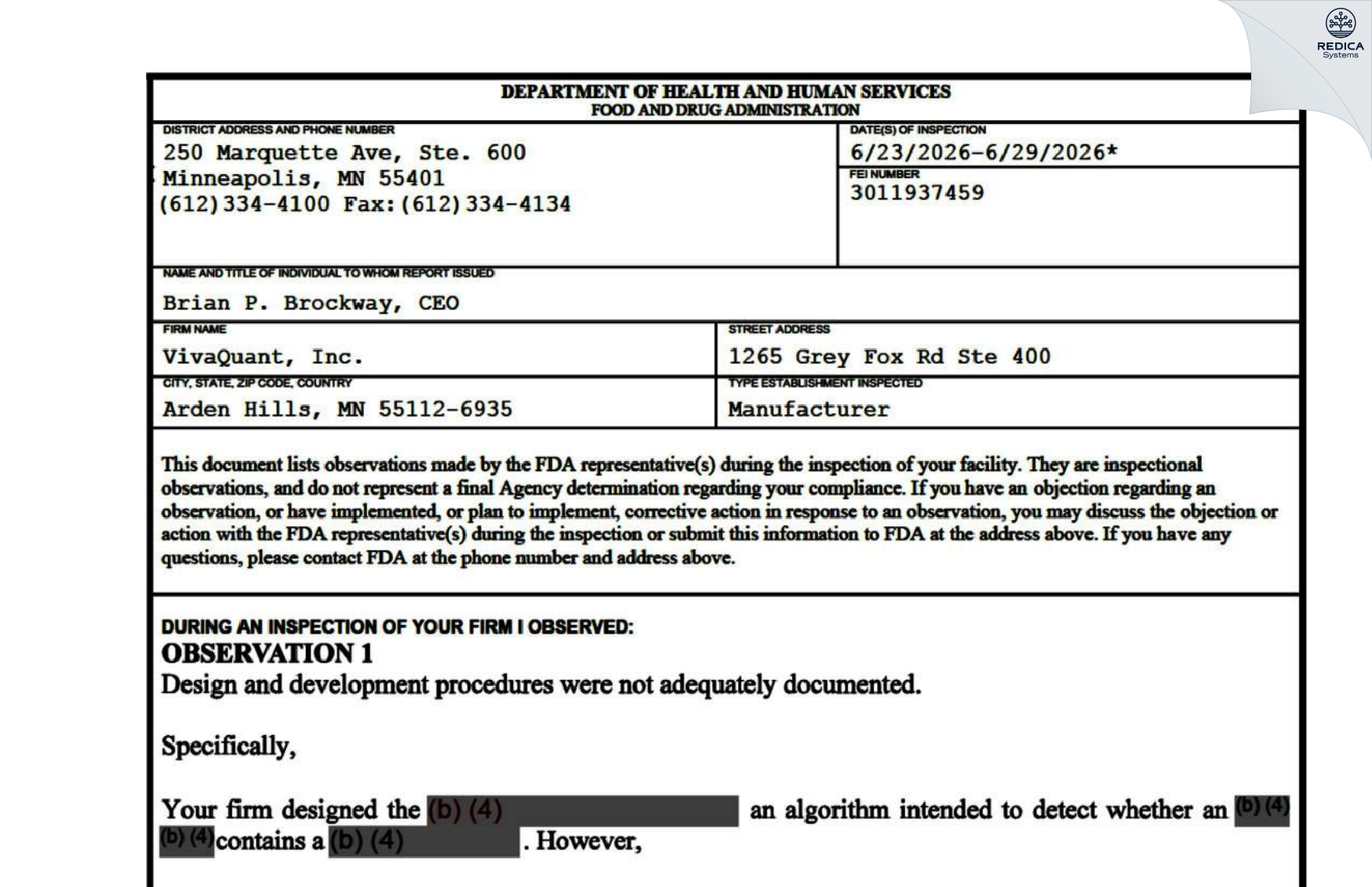 FDA 483 - VivaQuant, Inc. [Saint Paul / United States of America] - Download PDF - Redica Systems