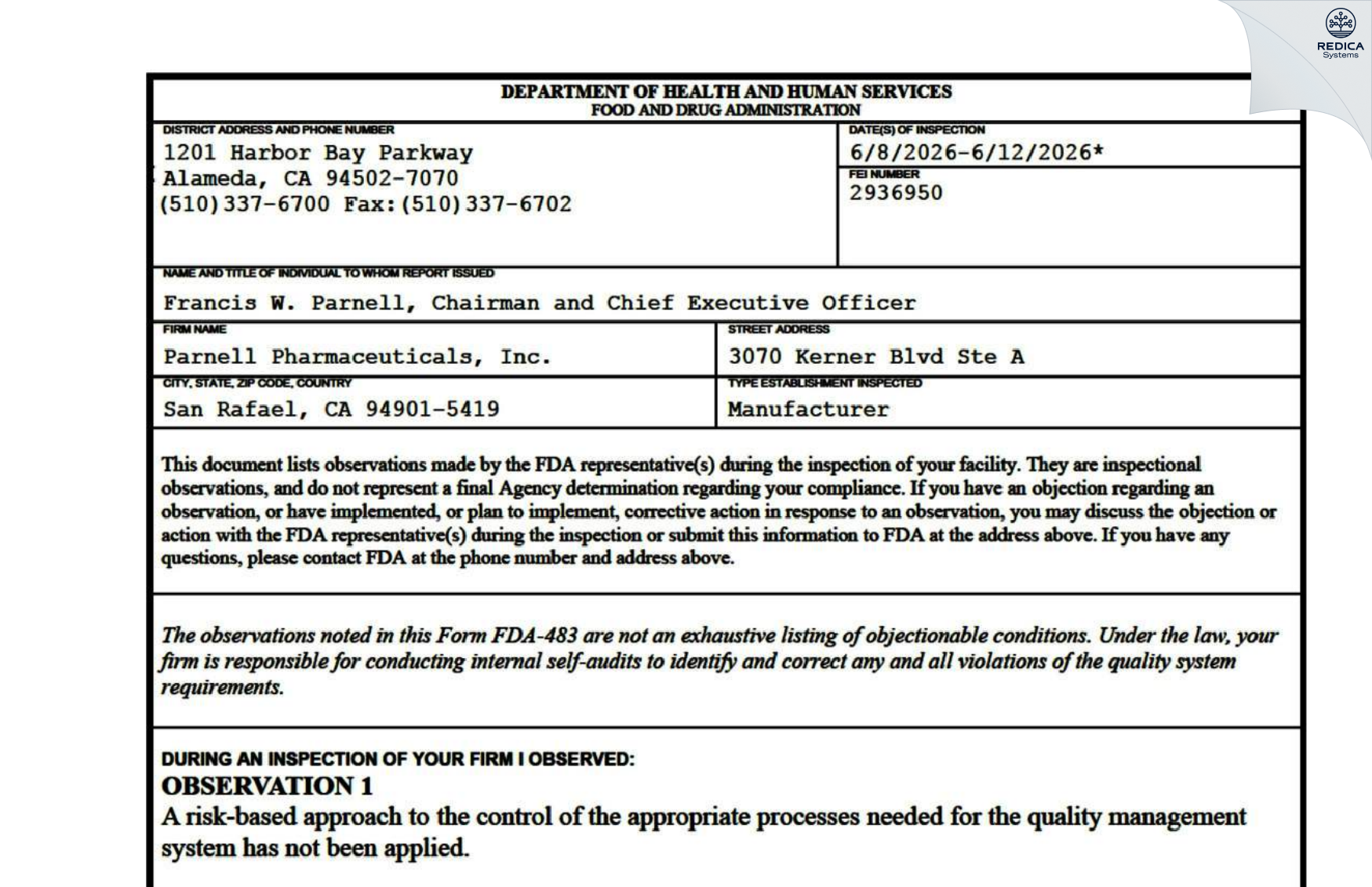 FDA 483 - Parnell Pharmaceuticals, Inc. [San Rafael / United States of America] - Download PDF - Redica Systems
