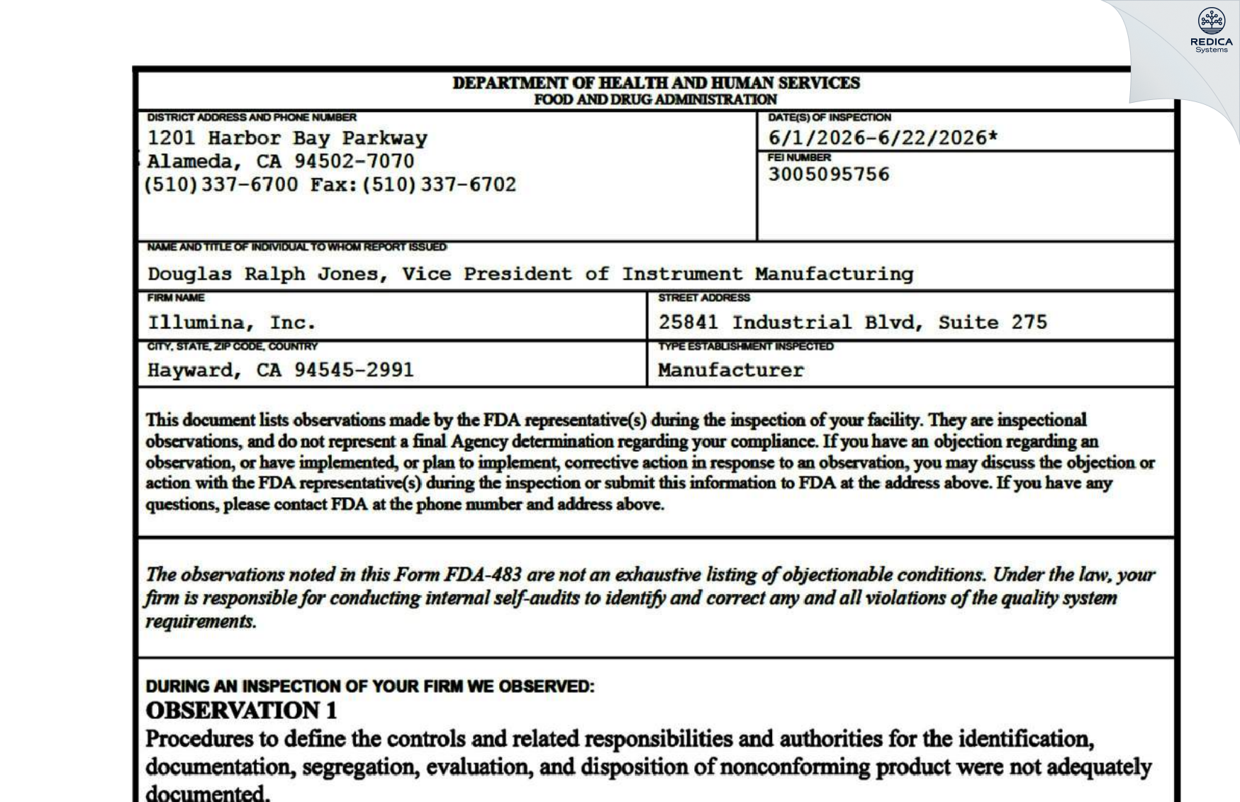 FDA 483 - Illumina, Inc. [Hayward / United States of America] - Download PDF - Redica Systems
