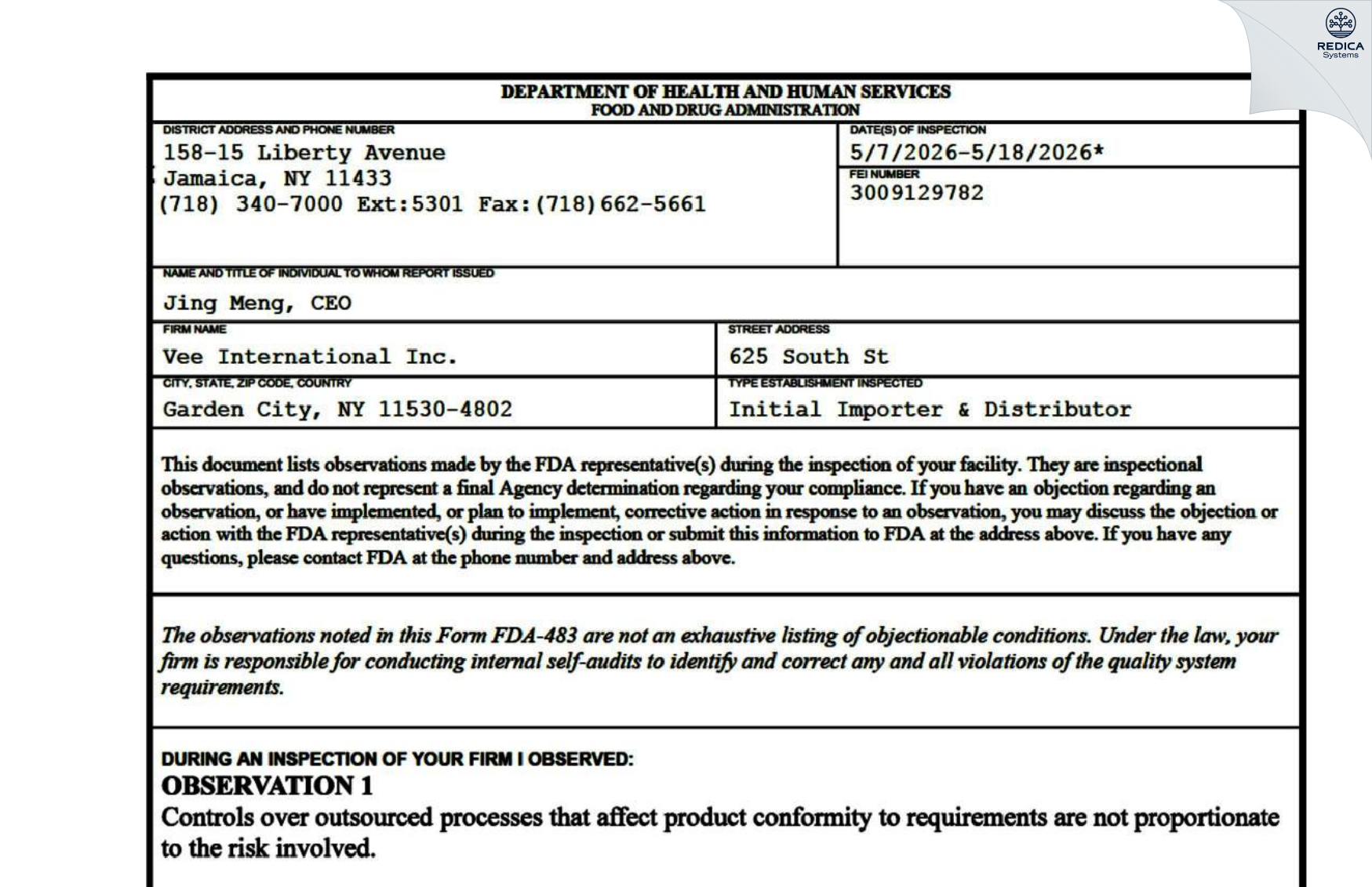 FDA 483 - Vee international inc [Garden City / United States of America] - Download PDF - Redica Systems