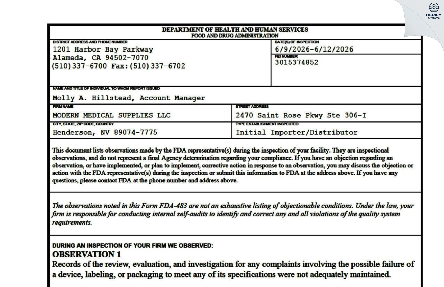 FDA 483 - MODERN MEDICAL SUPPLIES LLC [Henderson / United States of America] - Download PDF - Redica Systems
