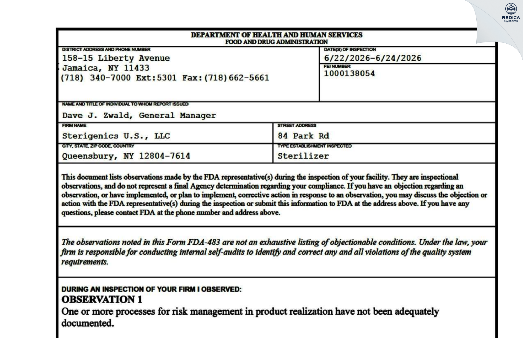 FDA 483 - Sterigenics U.S., LLC [Queensbury / United States of America] - Download PDF - Redica Systems