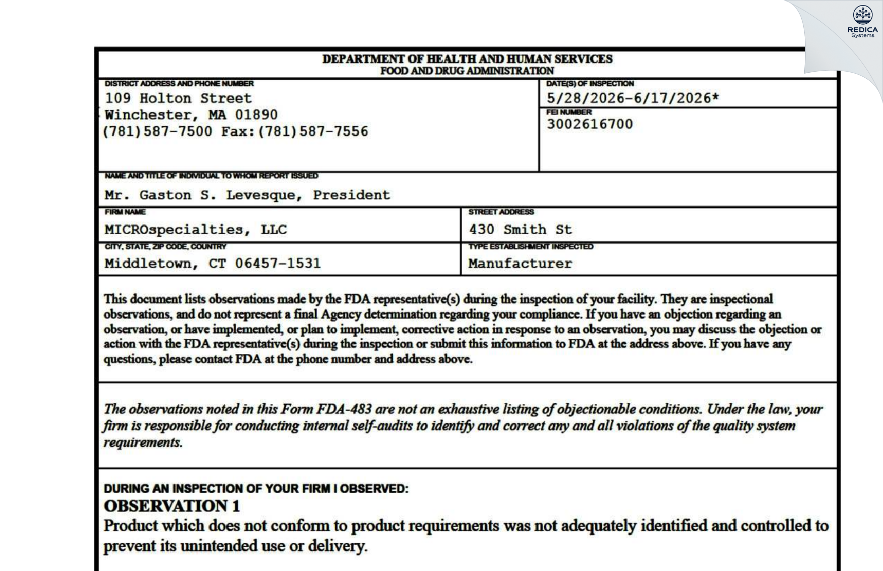 FDA 483 - MICROspecialties, Inc. [Middletown / United States of America] - Download PDF - Redica Systems