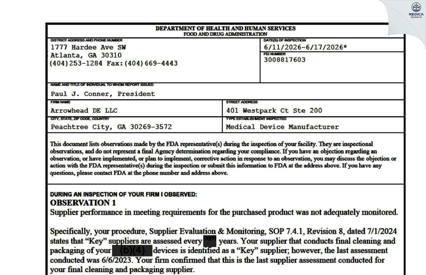 FDA 483 - Arrowhead DE LLC [Collierville / United States of America] - Download PDF - Redica Systems