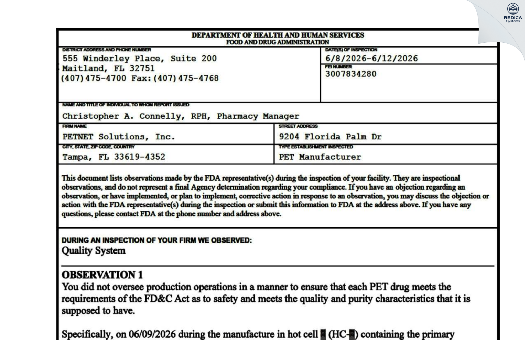 FDA 483 - PETNET SOLUTIONS, INC. [Tampa / United States of America] - Download PDF - Redica Systems