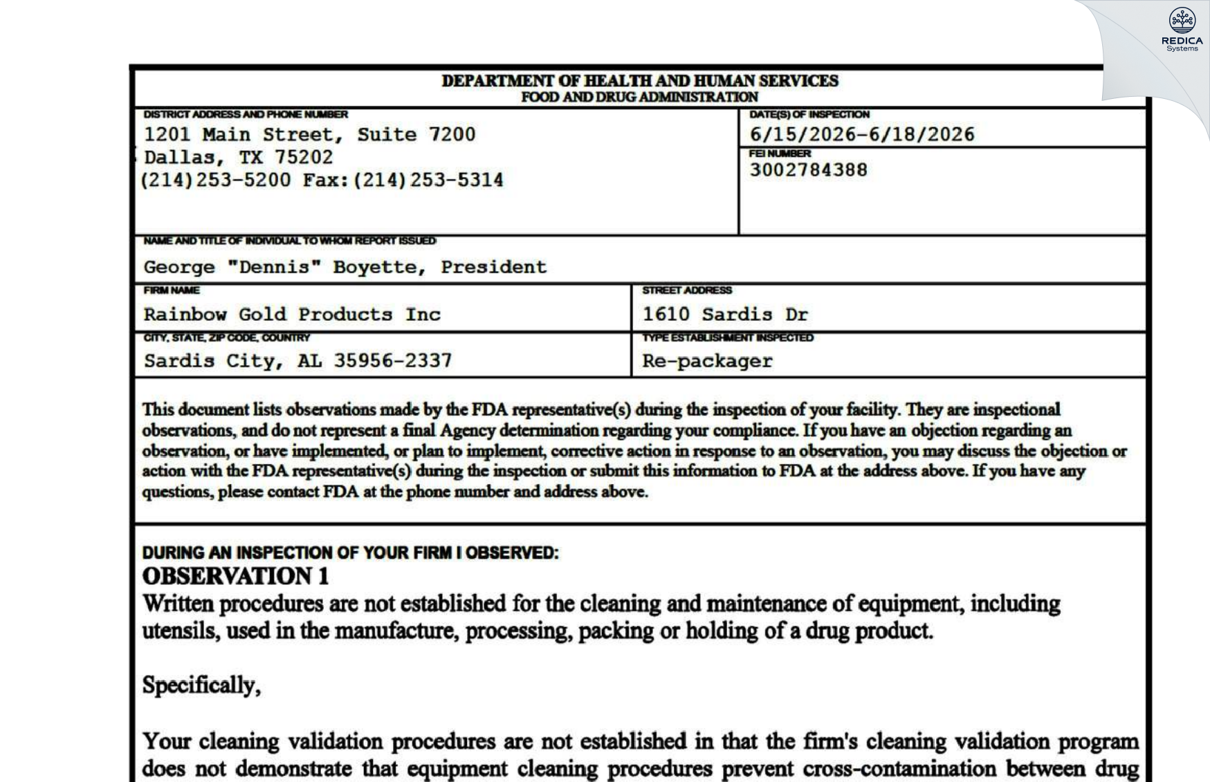FDA 483 - Rainbow Gold Products, Inc. [Boaz / United States of America] - Download PDF - Redica Systems