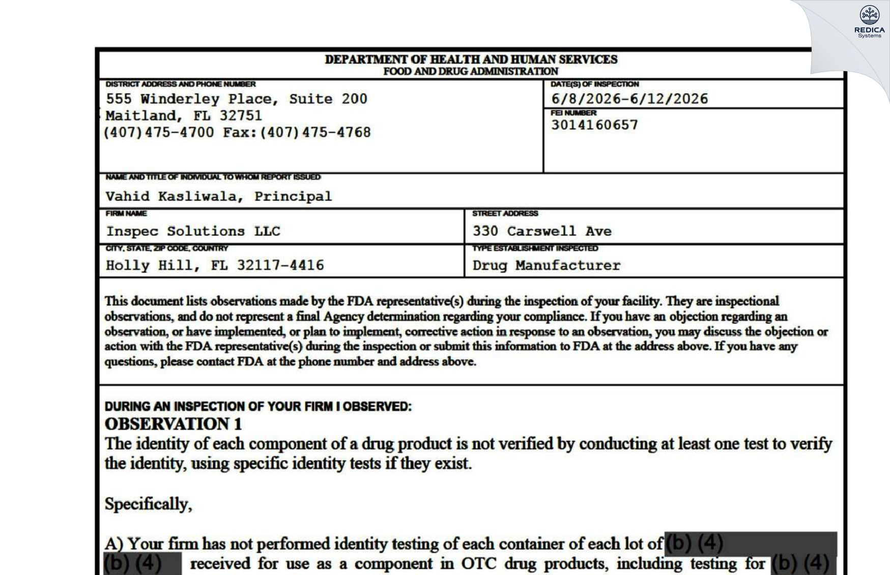 FDA 483 - Inspec Solutions LLC. [Daytona Beach / United States of America] - Download PDF - Redica Systems