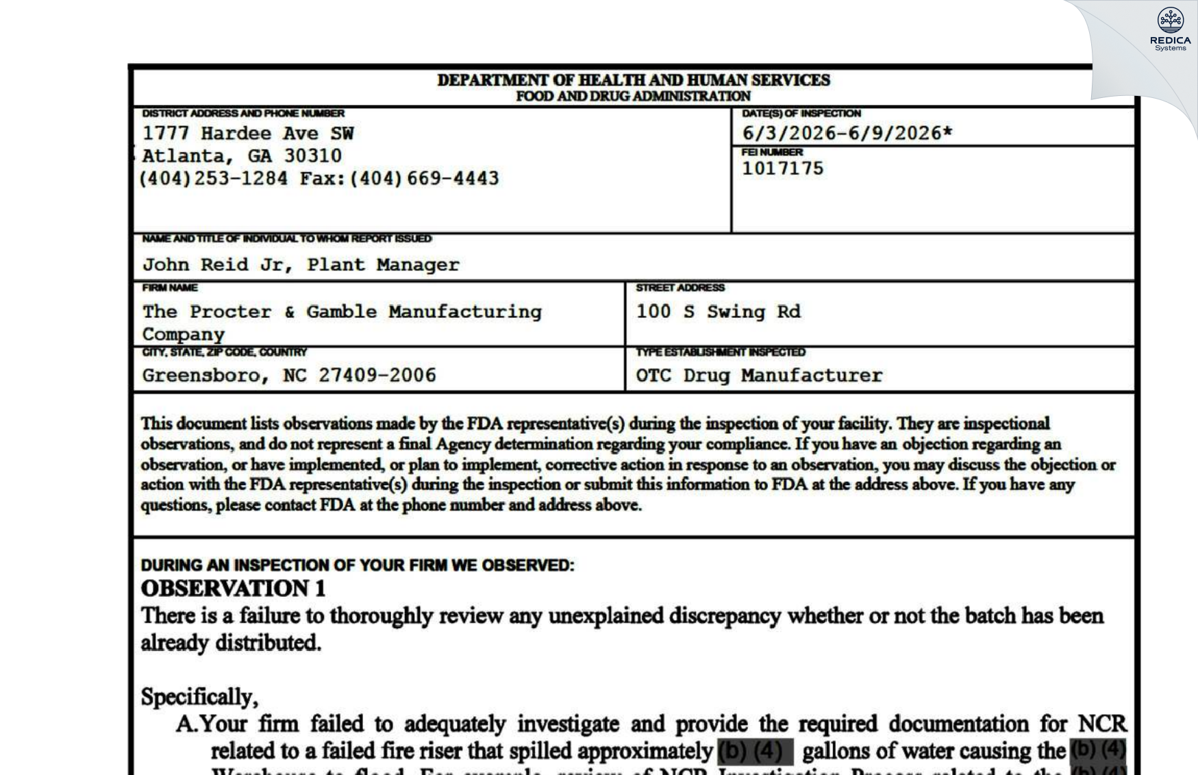 FDA 483 - The Procter & Gamble Manufacturing Company [Greensboro / United States of America] - Download PDF - Redica Systems